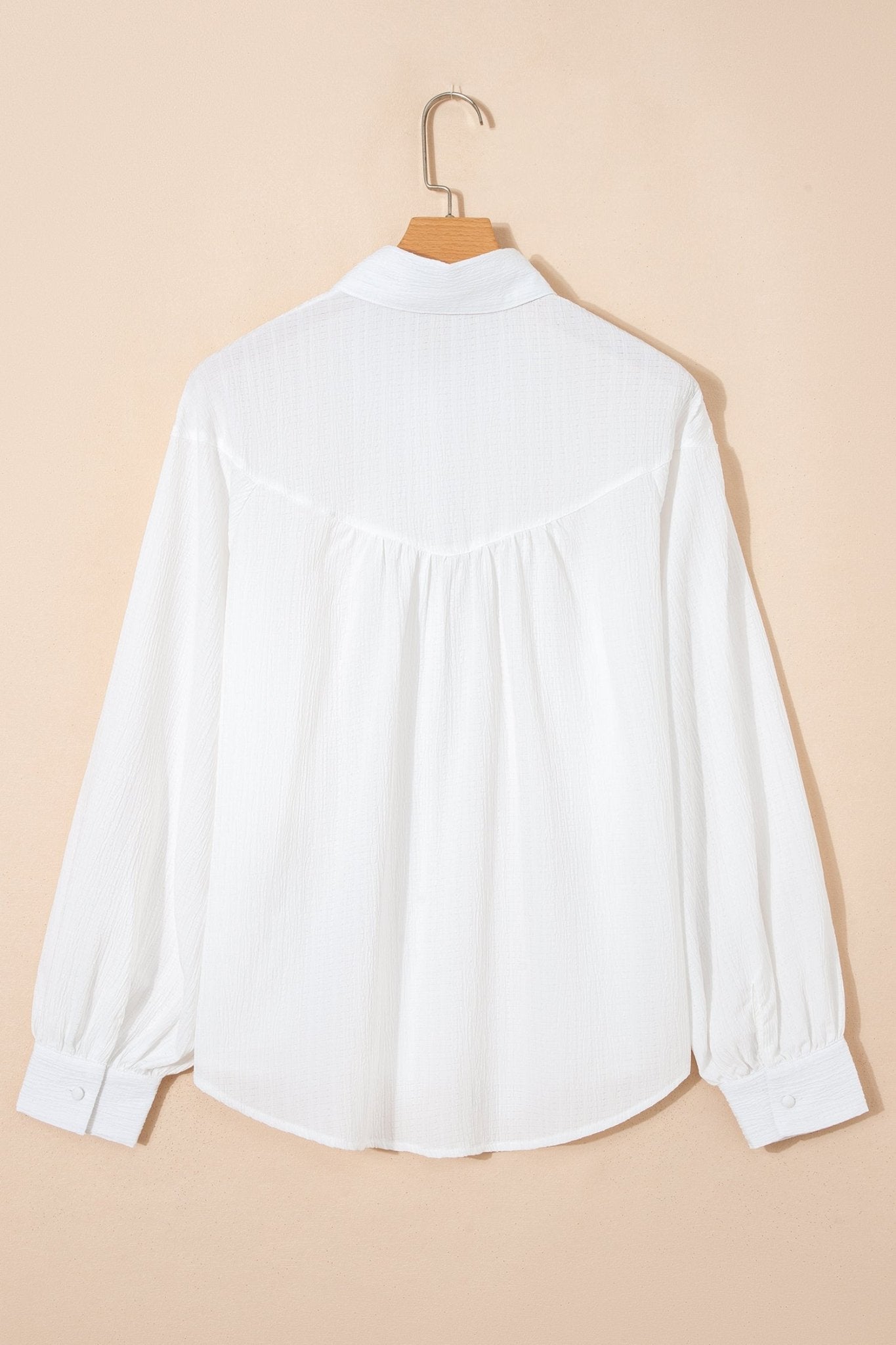 White Crinkled Texture Lantern Sleeve Button Down Loose Shirt - Crowned Energy CO.
