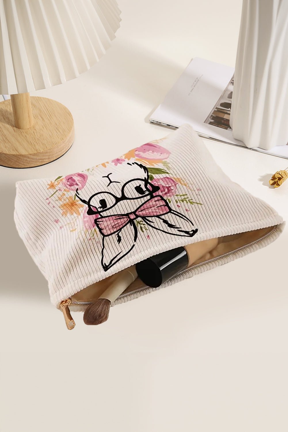 White Easter Bunny Print Corduroy Makeup Storage Bag - Crowned Energy CO.