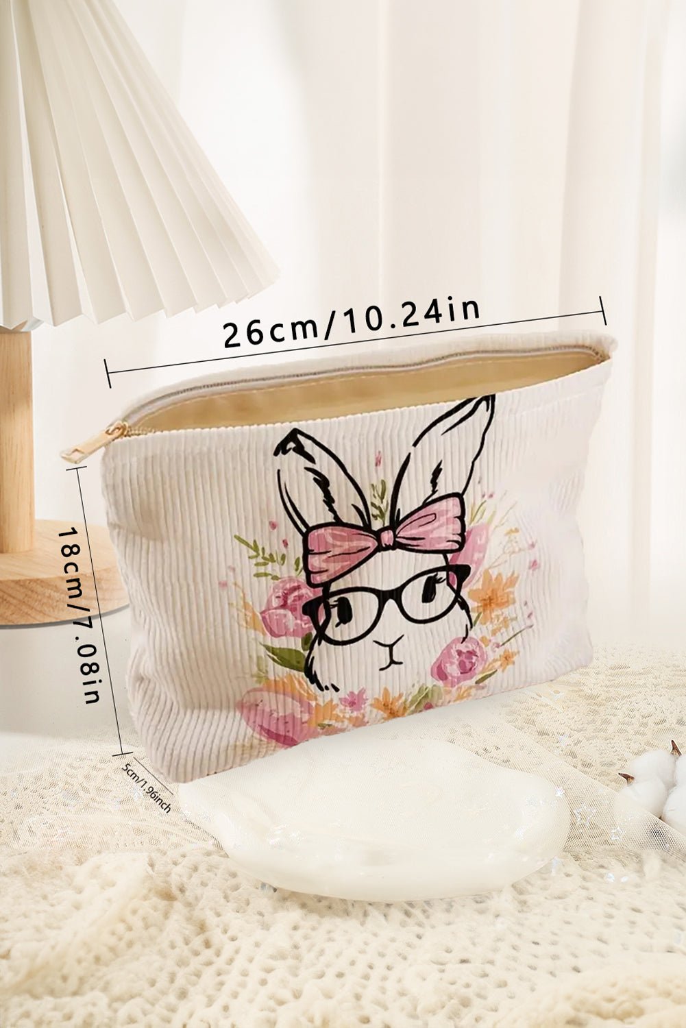 White Easter Bunny Print Corduroy Makeup Storage Bag - Crowned Energy CO.