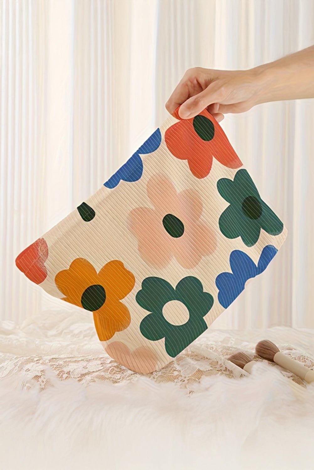 White Floral Print Corduroy Minimalist Storage Bag - Crowned Energy CO.