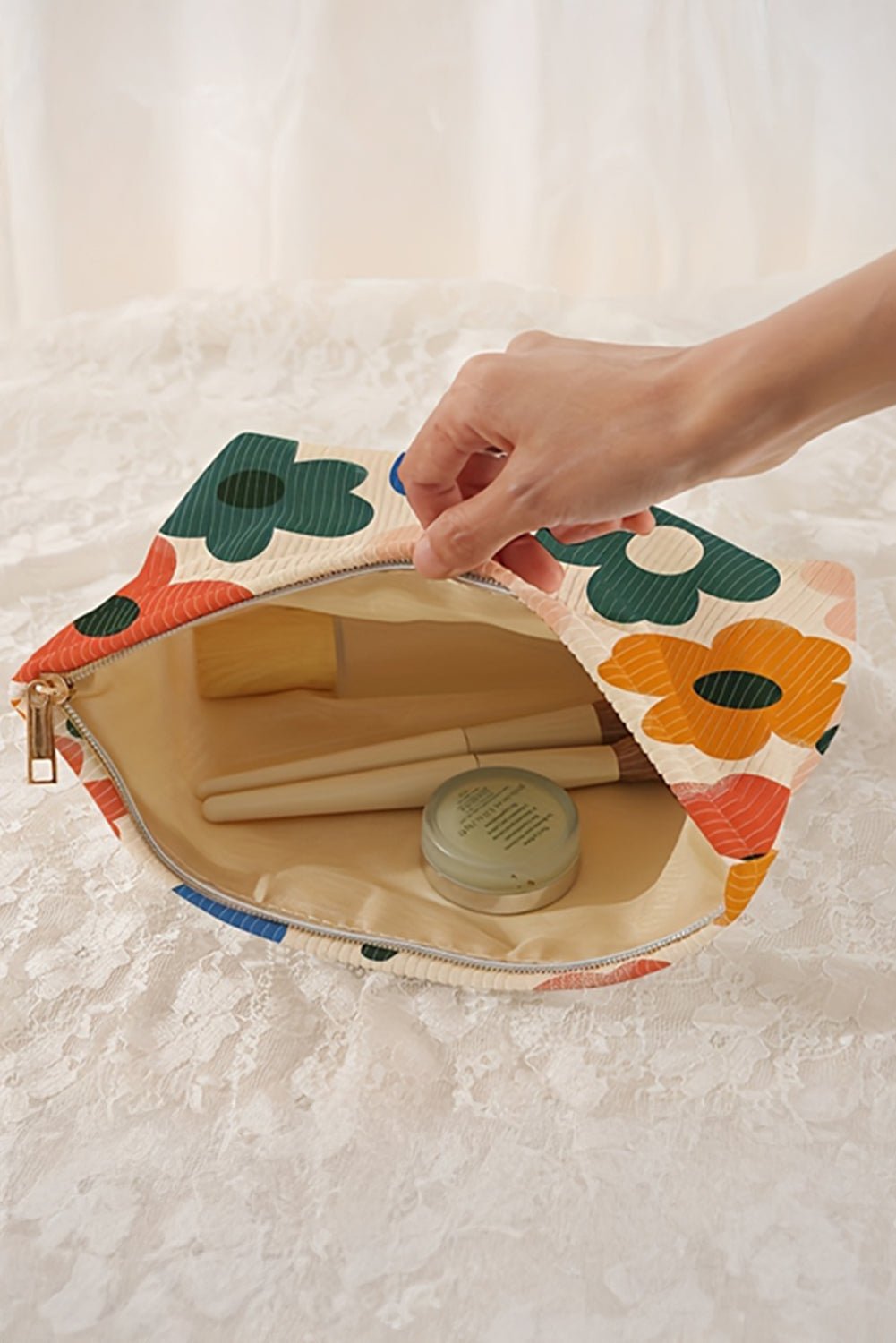White Floral Print Corduroy Minimalist Storage Bag - Crowned Energy CO.