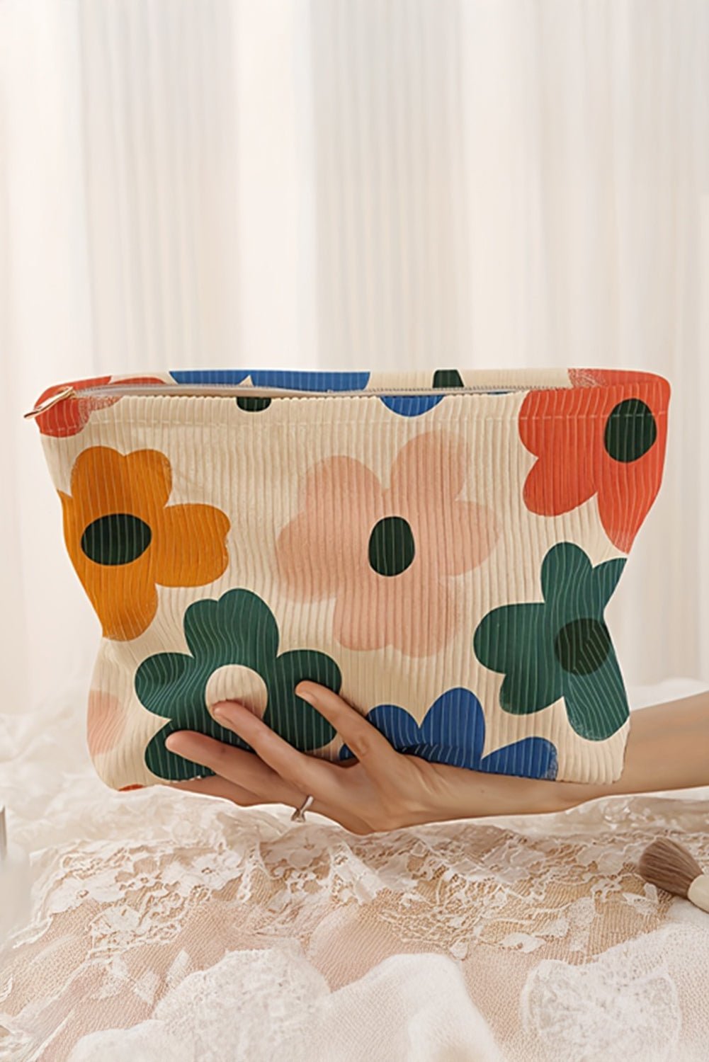 White Floral Print Corduroy Minimalist Storage Bag - Crowned Energy CO.