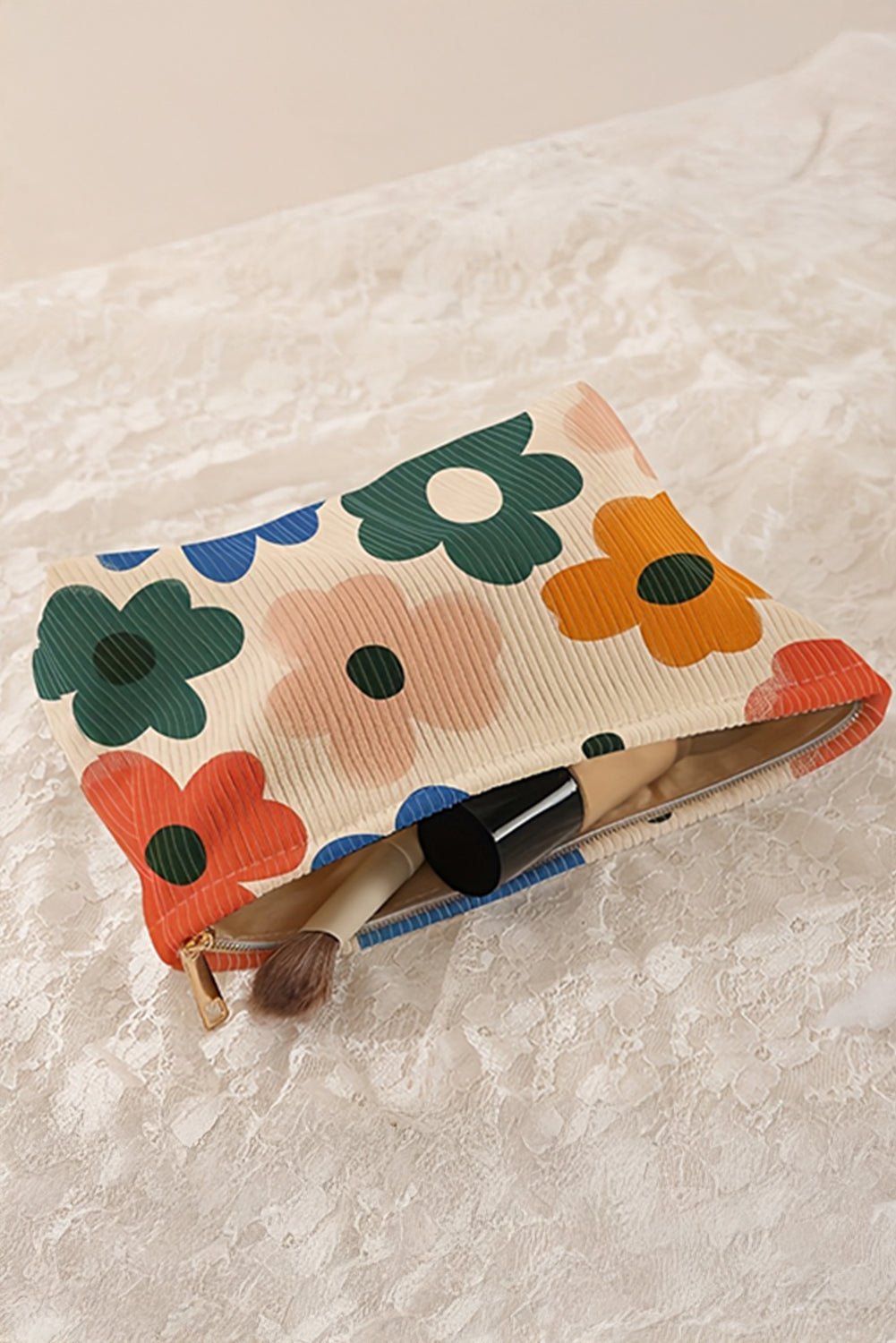 White Floral Print Corduroy Minimalist Storage Bag - Crowned Energy CO.