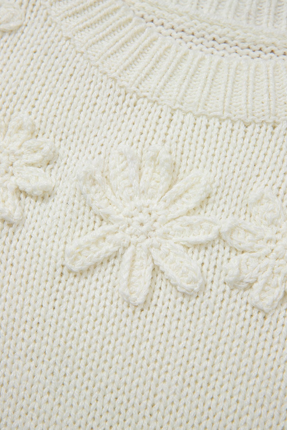 White Flower Detail Round Neck Contrast Textured Puff Sleeve Sweater - Crowned Energy CO.