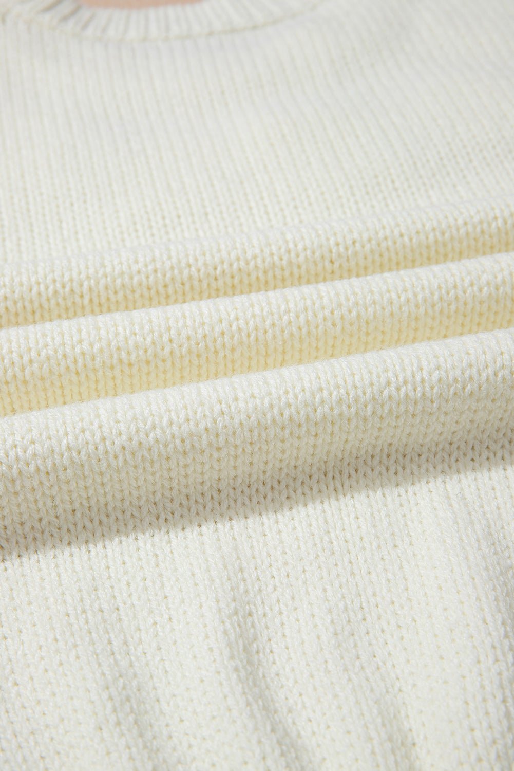 White Flower Detail Round Neck Contrast Textured Puff Sleeve Sweater - Crowned Energy CO.