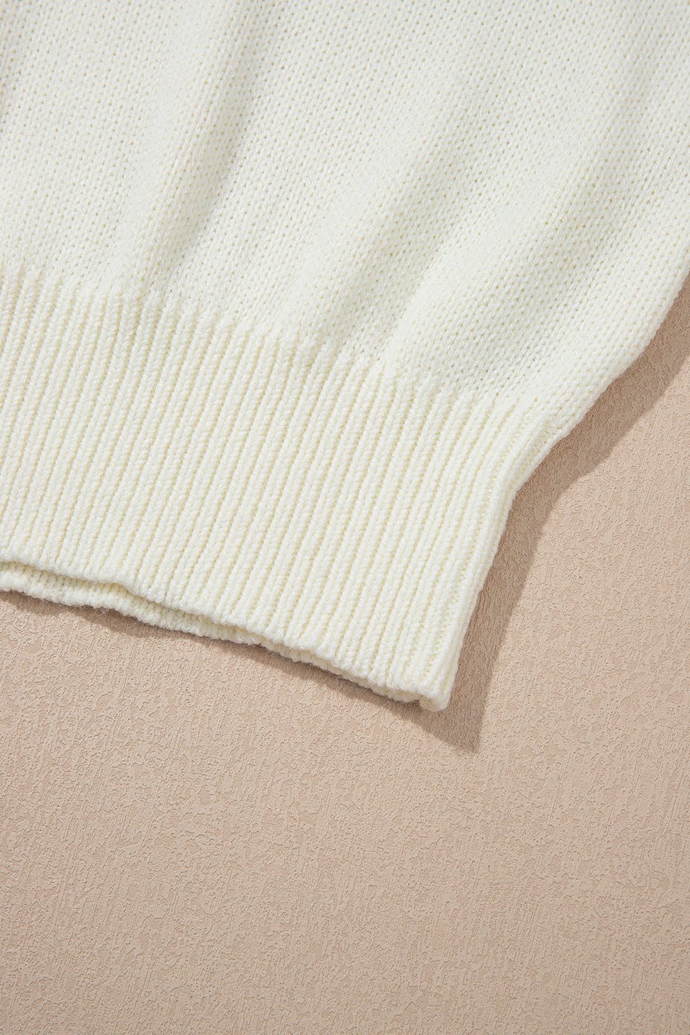 White Flower Detail Round Neck Contrast Textured Puff Sleeve Sweater - Crowned Energy CO.