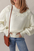White Flower Detail Round Neck Contrast Textured Puff Sleeve Sweater - Crowned Energy CO.