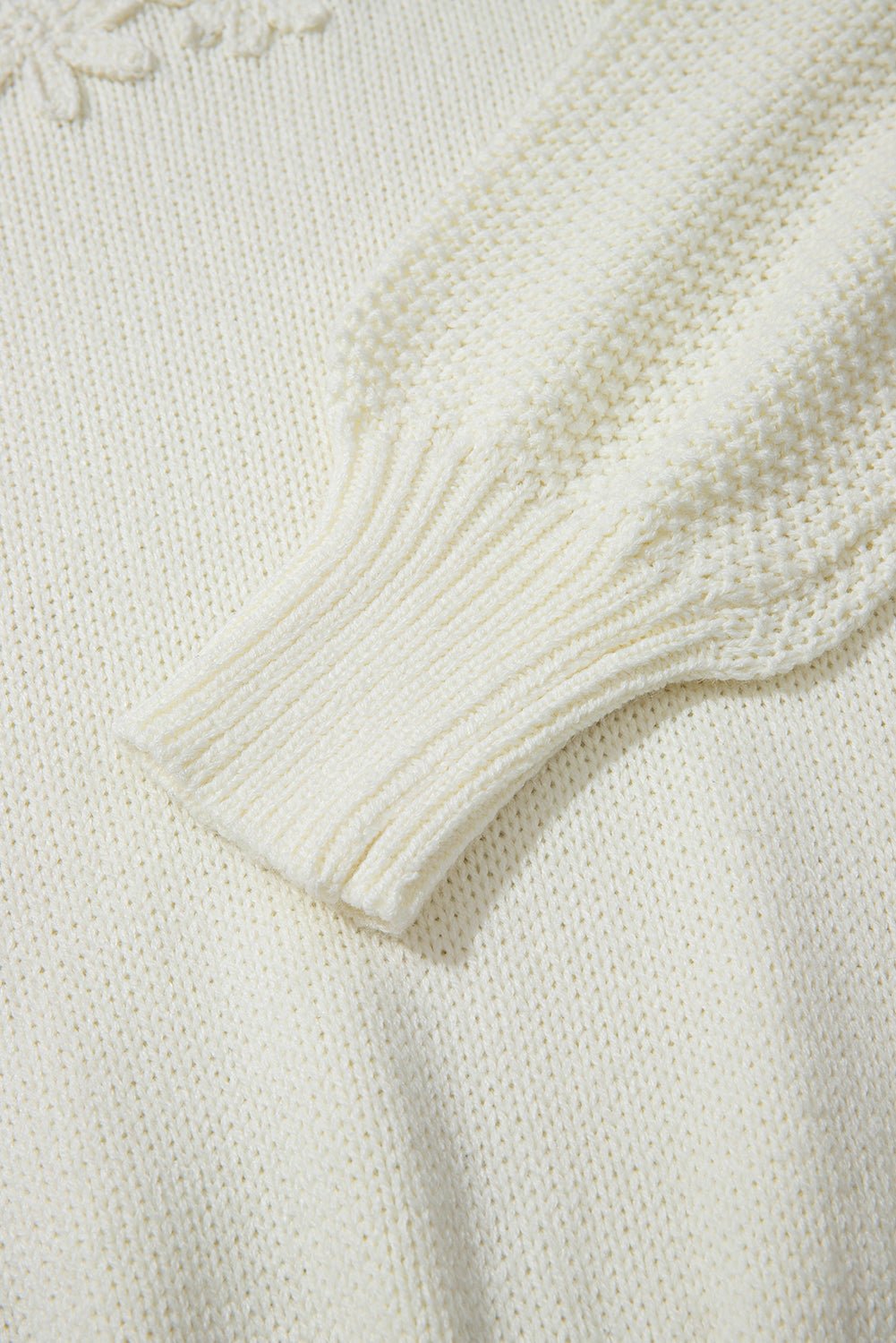 White Flower Detail Round Neck Contrast Textured Puff Sleeve Sweater - Crowned Energy CO.