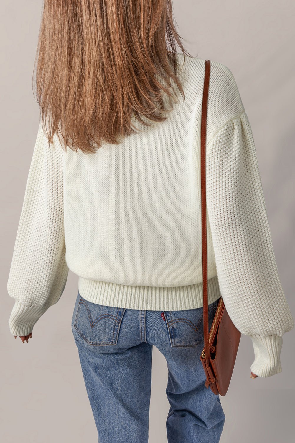 White Flower Detail Round Neck Contrast Textured Puff Sleeve Sweater - Crowned Energy CO.