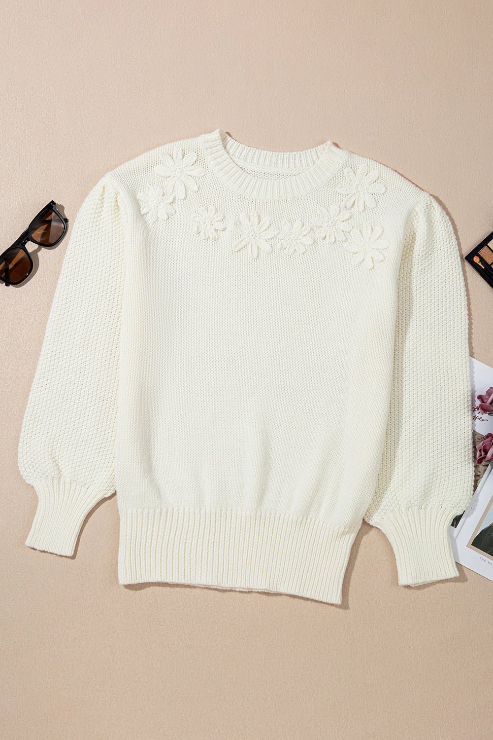 White Flower Detail Round Neck Contrast Textured Puff Sleeve Sweater - Crowned Energy CO.