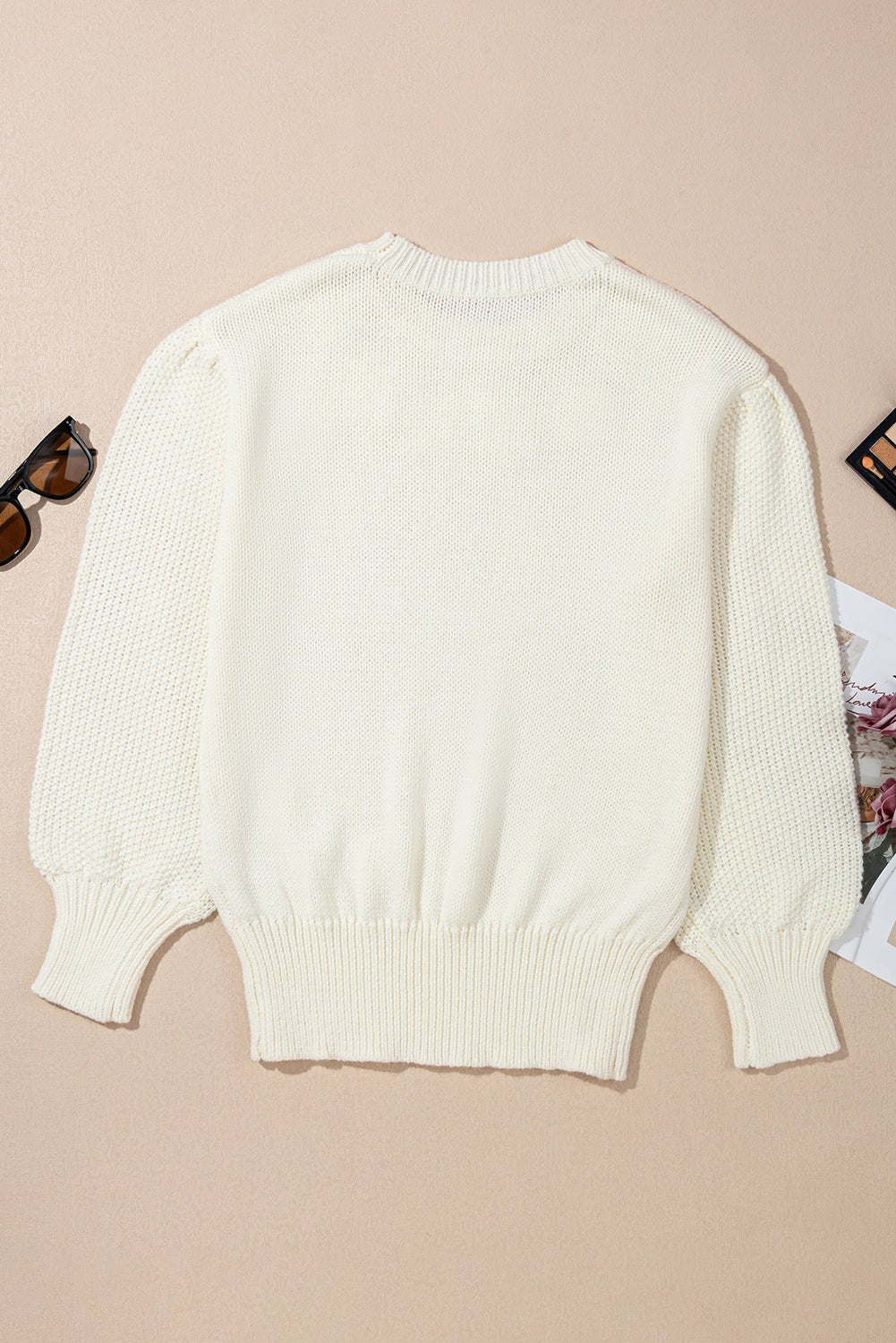 White Flower Detail Round Neck Contrast Textured Puff Sleeve Sweater - Crowned Energy CO.