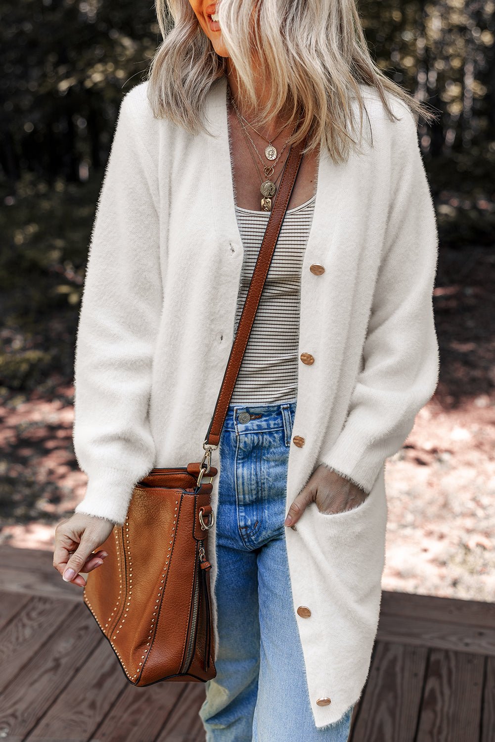 White Fuzzy Buttoned Front Midi Solid Cardigan - Crowned Energy CO.