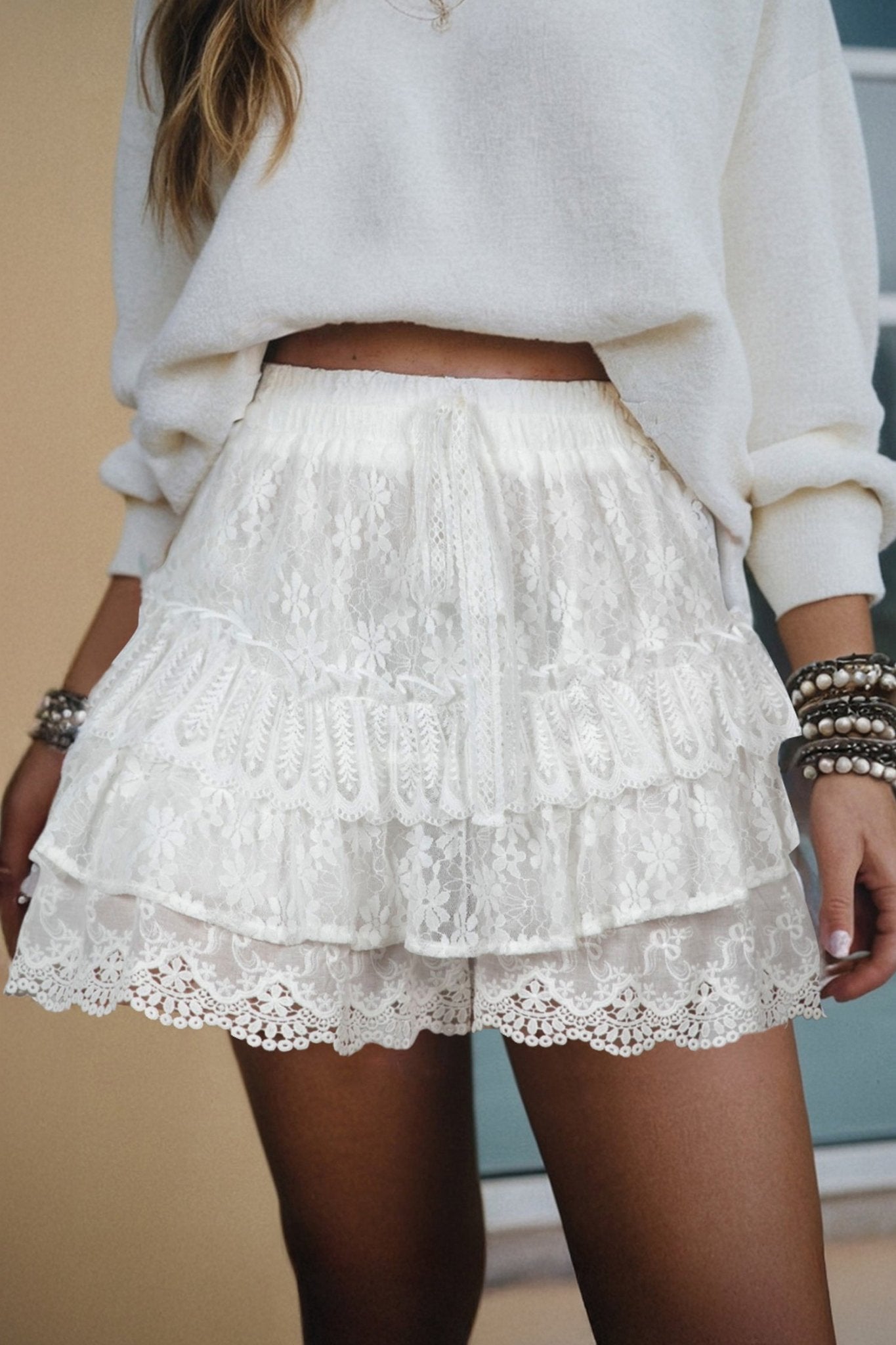 White Lace Ruffle Tiered Drawstring Elastic Waist Sweet Shorts - Crowned Energy CO.