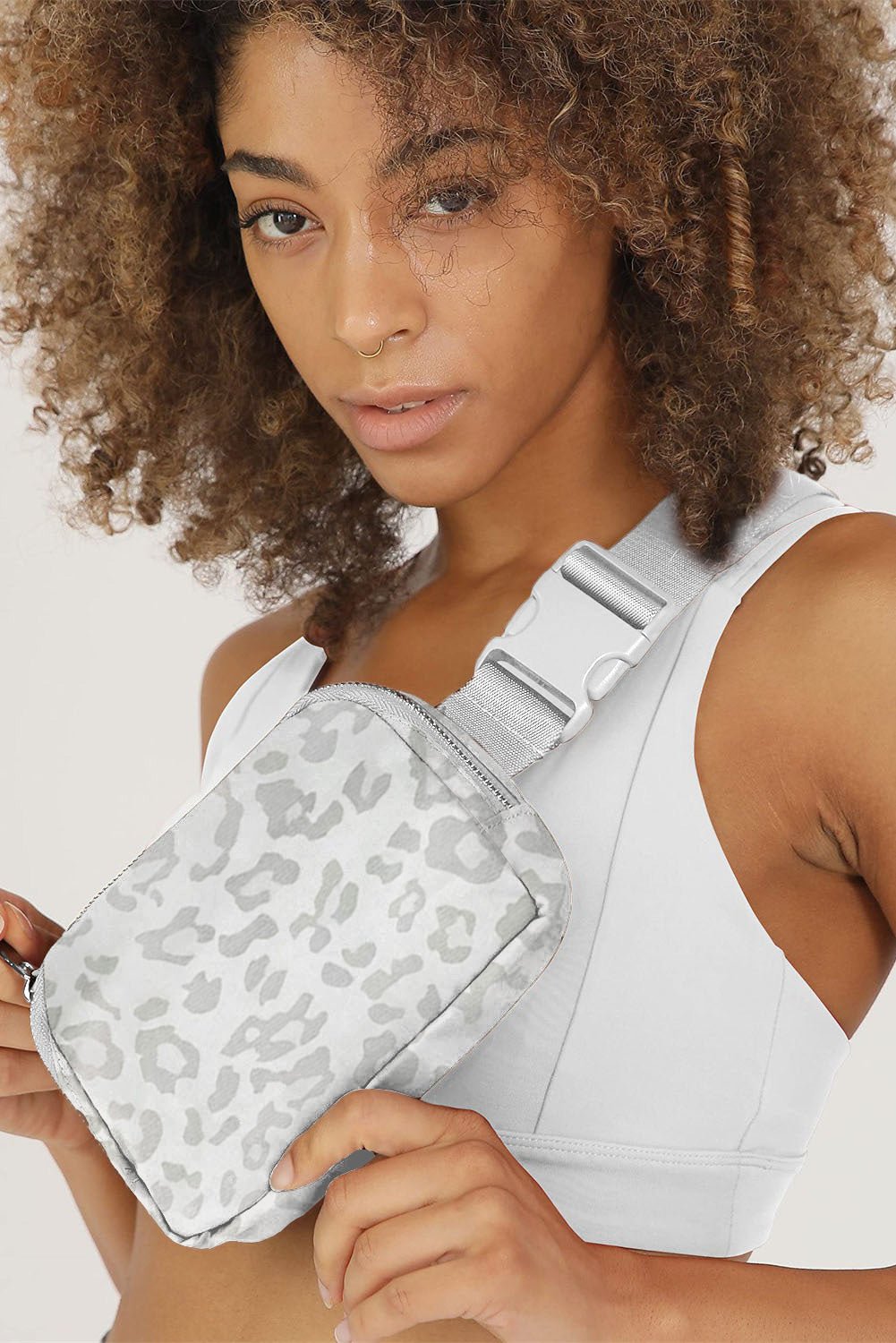 White Leopard Print Buckle Canvas Chest Bag 20*5*14cm - Crowned Energy CO.