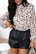 Crowned Energy CO. White / S / 100%Polyester Dear-Lover Dropshipping Tops/Blouses & Shirts White Leopard Print Lantern Sleeve Mock Neck Pleated Blouse