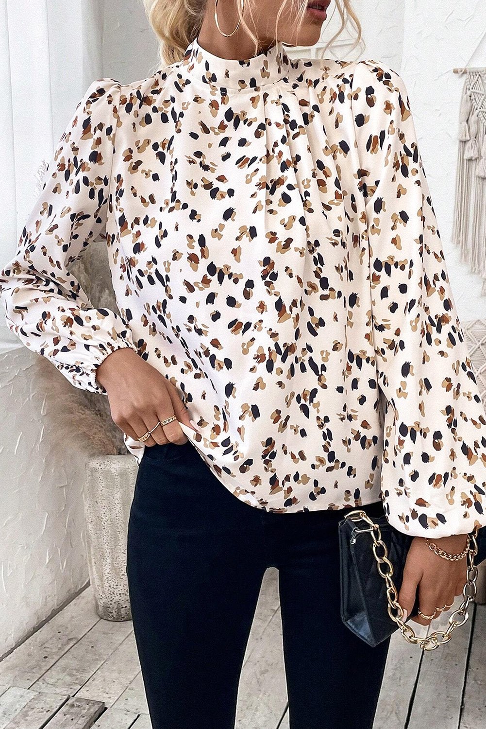Crowned Energy CO. White / S / 100%Polyester Dear-Lover Dropshipping Tops/Blouses & Shirts White Leopard Print Lantern Sleeve Mock Neck Pleated Blouse