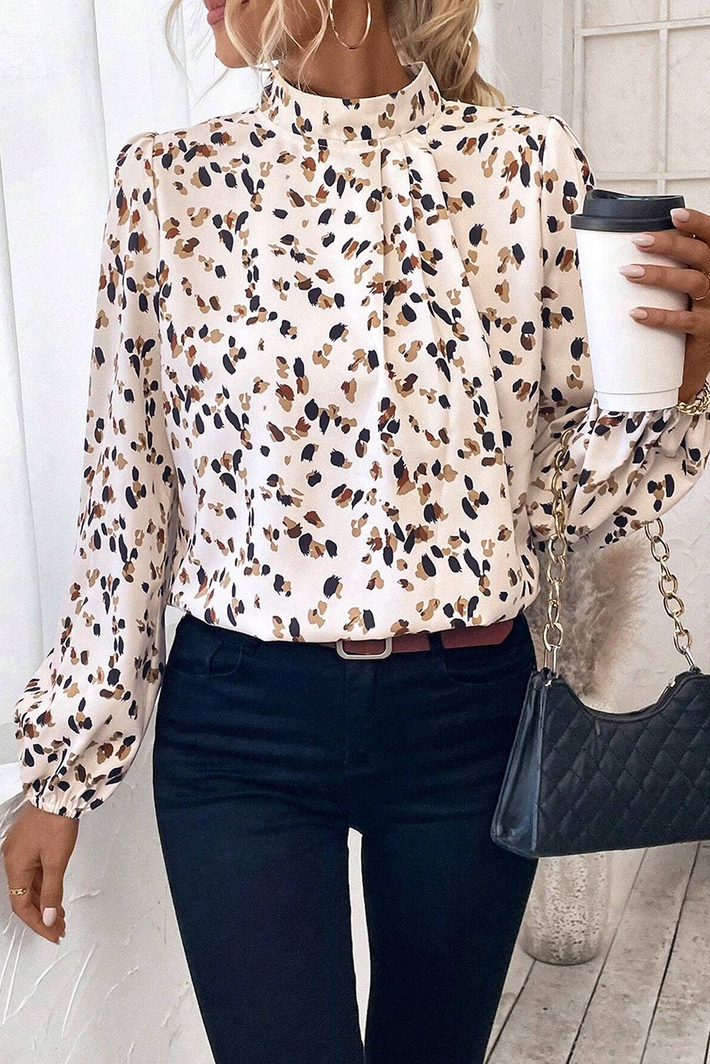 Crowned Energy CO. White / S / 100%Polyester Dear-Lover Dropshipping Tops/Blouses & Shirts White Leopard Print Lantern Sleeve Mock Neck Pleated Blouse