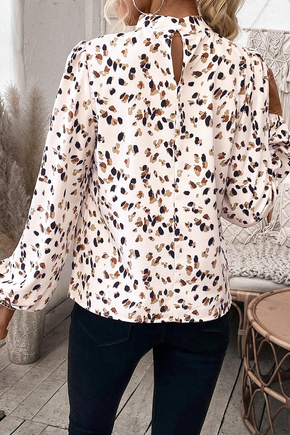 Crowned Energy CO. White / S / 100%Polyester Dear-Lover Dropshipping Tops/Blouses & Shirts White Leopard Print Lantern Sleeve Mock Neck Pleated Blouse