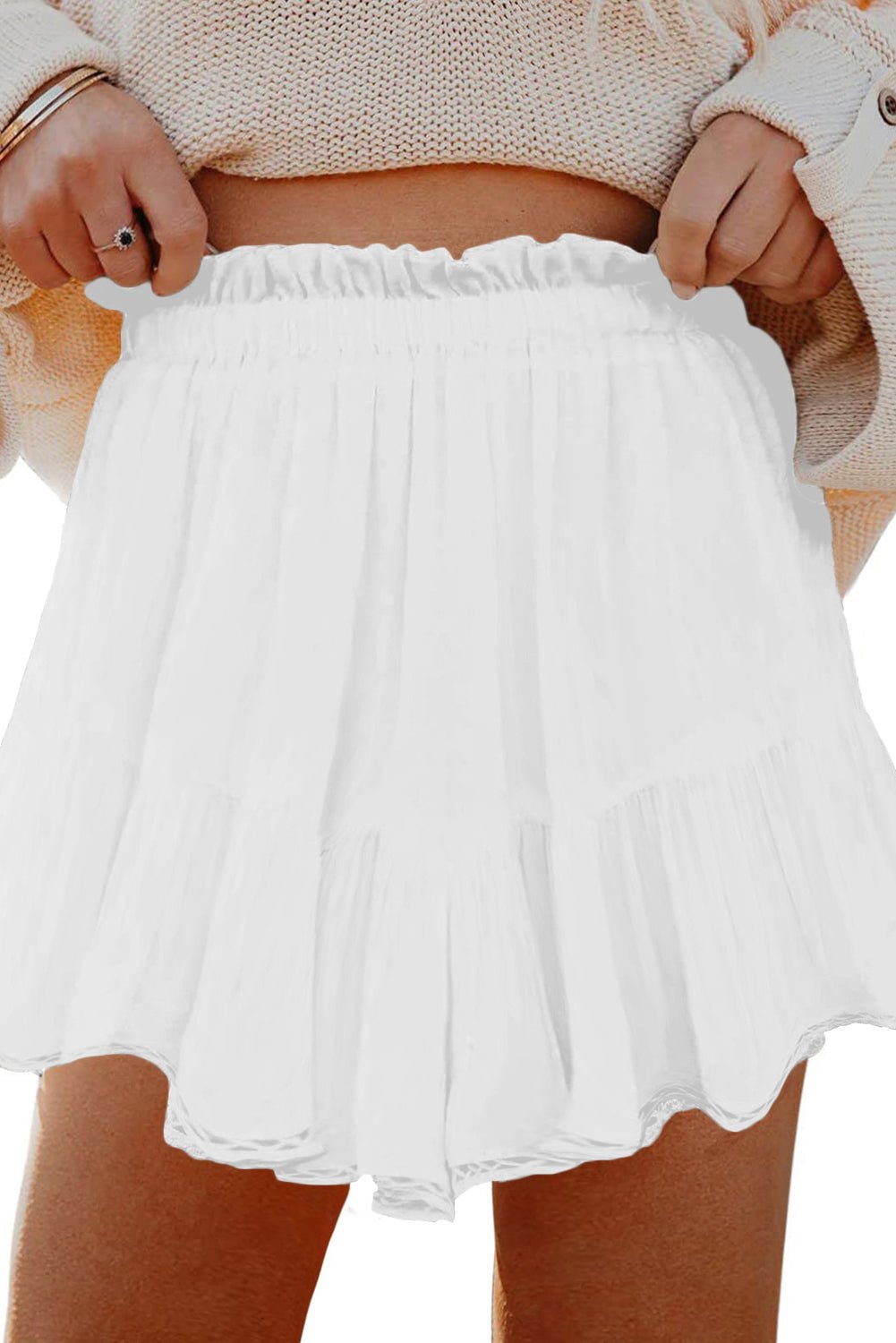 White Plus Size Frilled Elastic Waist Lace Trim Boho Ruffled Shorts - Crowned Energy CO.