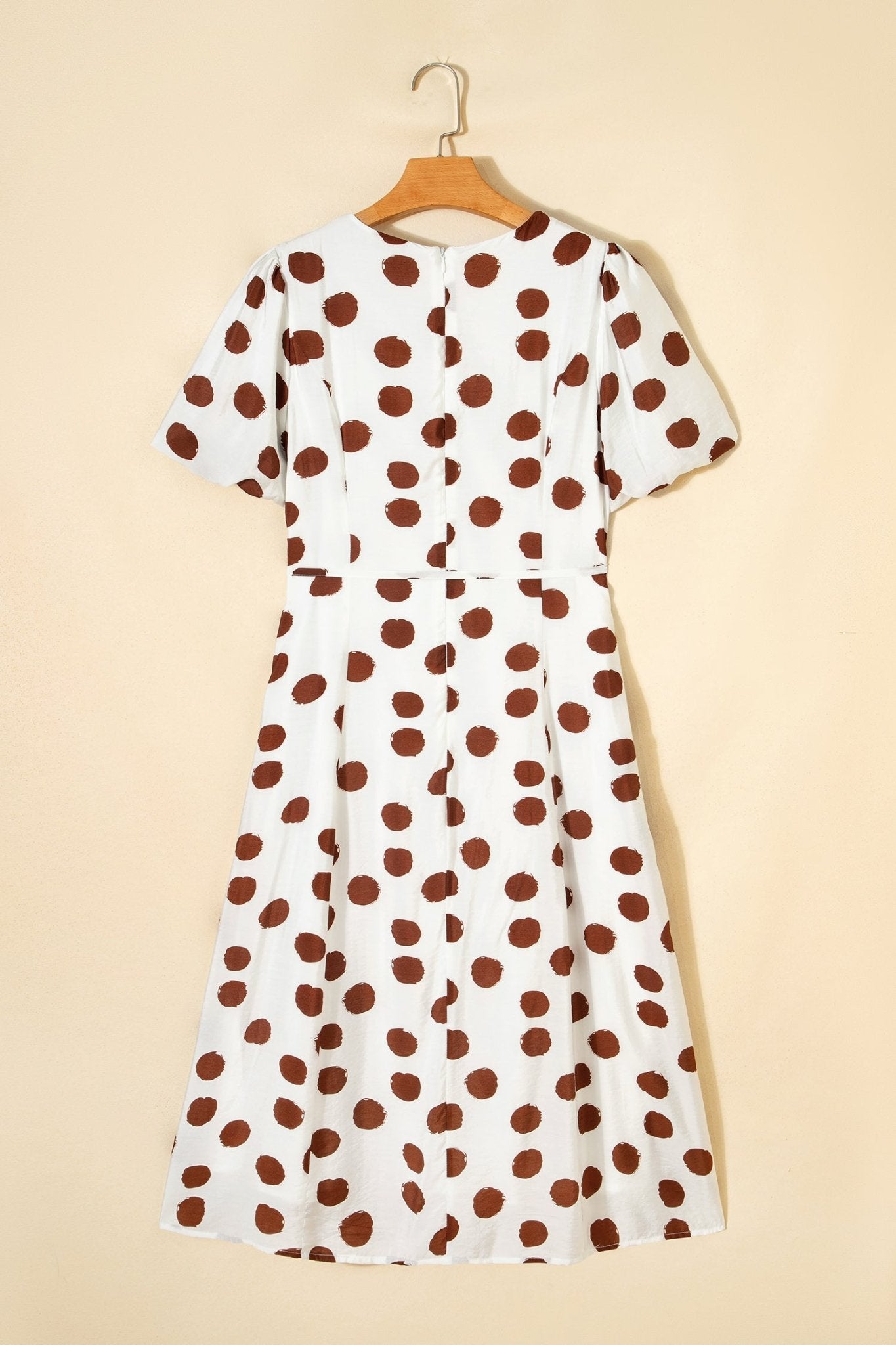 White Polka Dot Printed V Neck Short Sleeve Tie Waist Midi Dress - Crowned Energy CO.