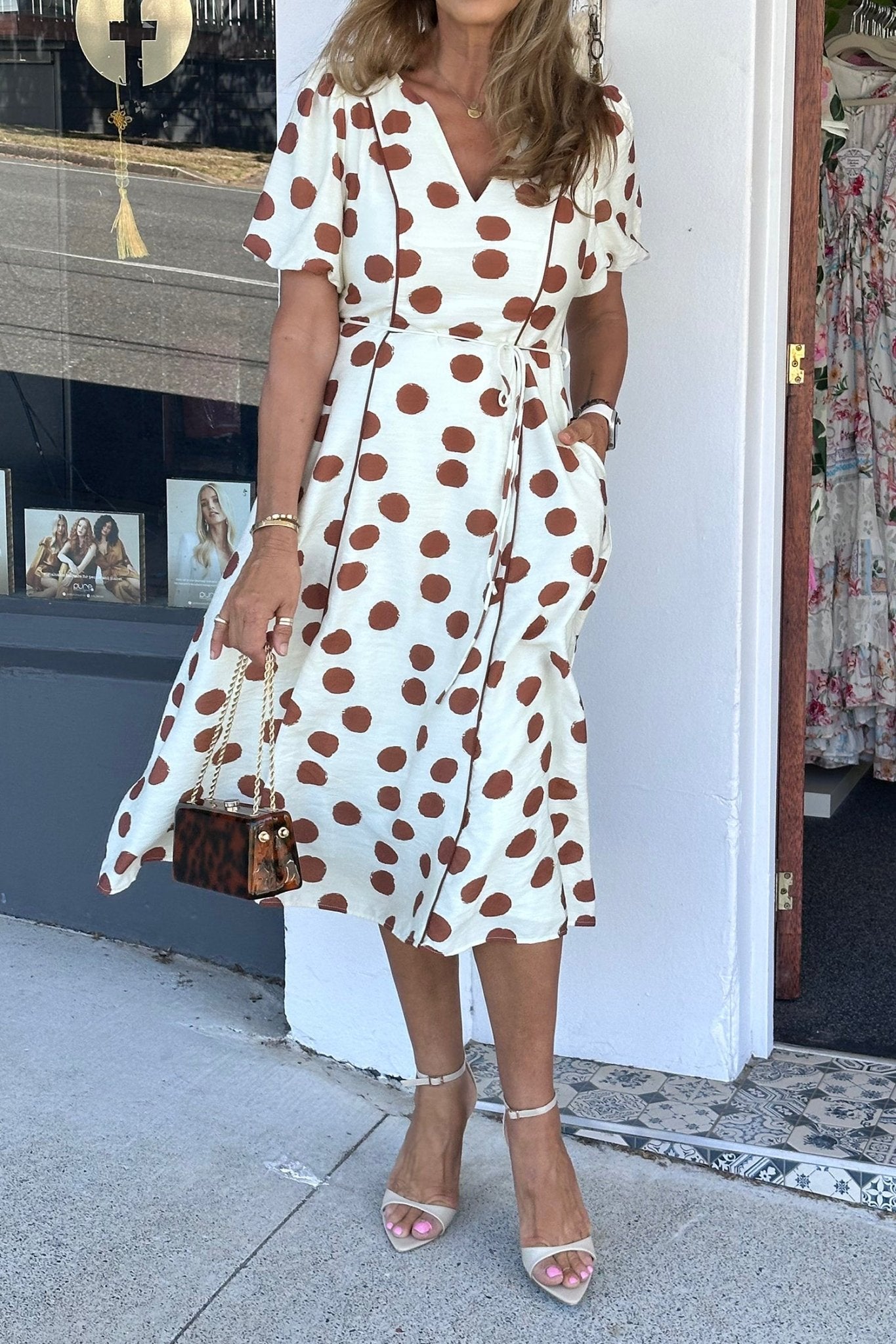 White Polka Dot Printed V Neck Short Sleeve Tie Waist Midi Dress - Crowned Energy CO.