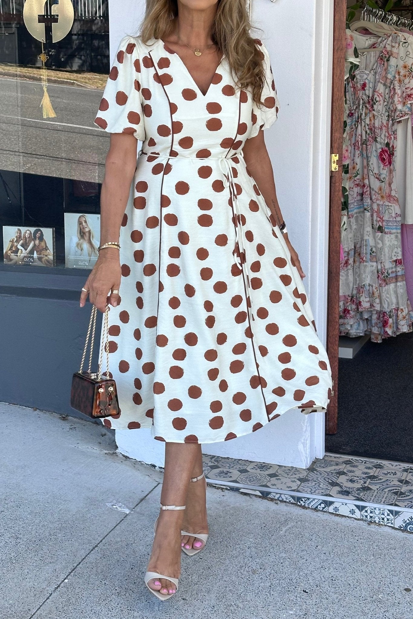 White Polka Dot Printed V Neck Short Sleeve Tie Waist Midi Dress - Crowned Energy CO.