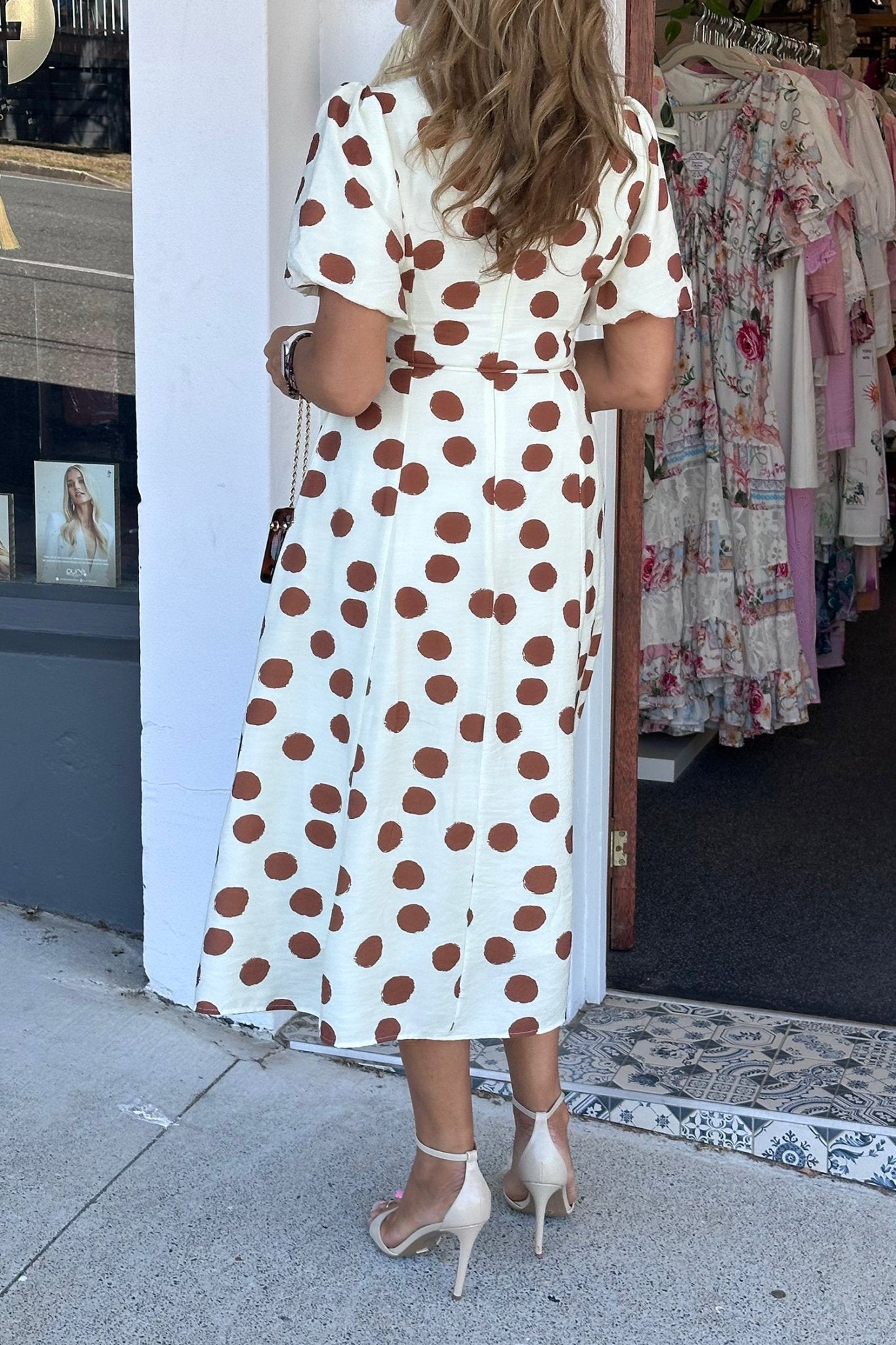 White Polka Dot Printed V Neck Short Sleeve Tie Waist Midi Dress - Crowned Energy CO.