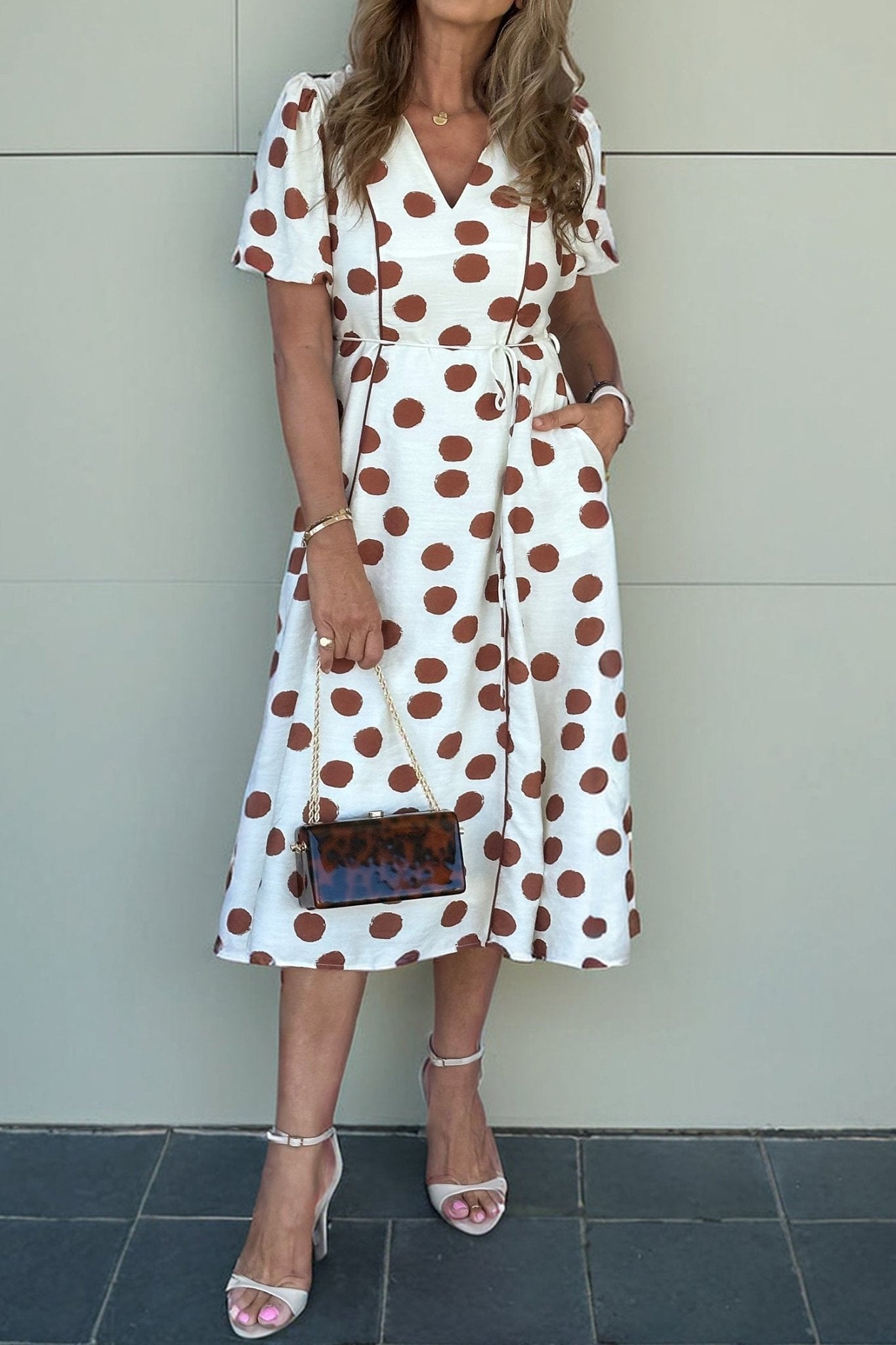 White Polka Dot Printed V Neck Short Sleeve Tie Waist Midi Dress - Crowned Energy CO.