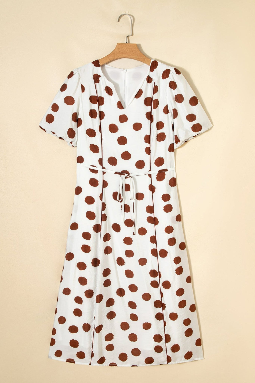 White Polka Dot Printed V Neck Short Sleeve Tie Waist Midi Dress - Crowned Energy CO.
