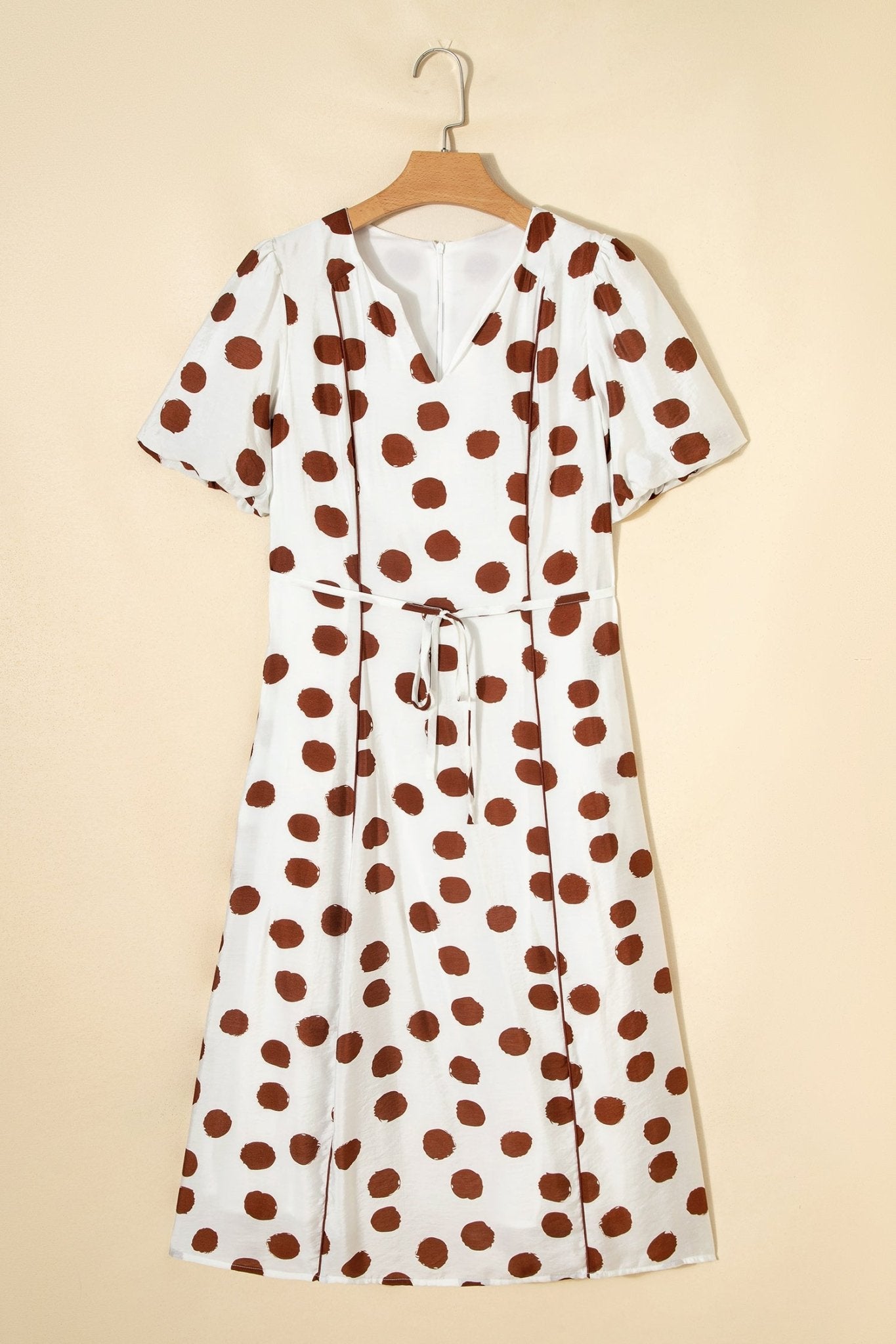 White Polka Dot Printed V Neck Short Sleeve Tie Waist Midi Dress - Crowned Energy CO.