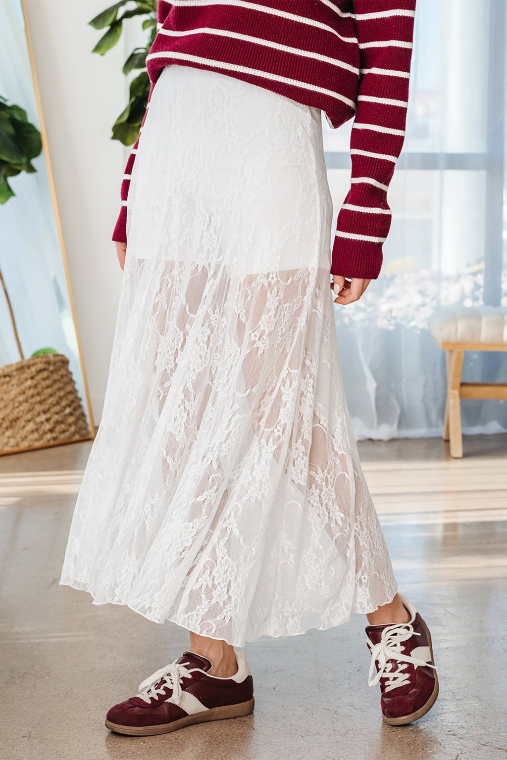 White Sheer Floral Lace Flowy Maxi Skirt - Crowned Energy CO.