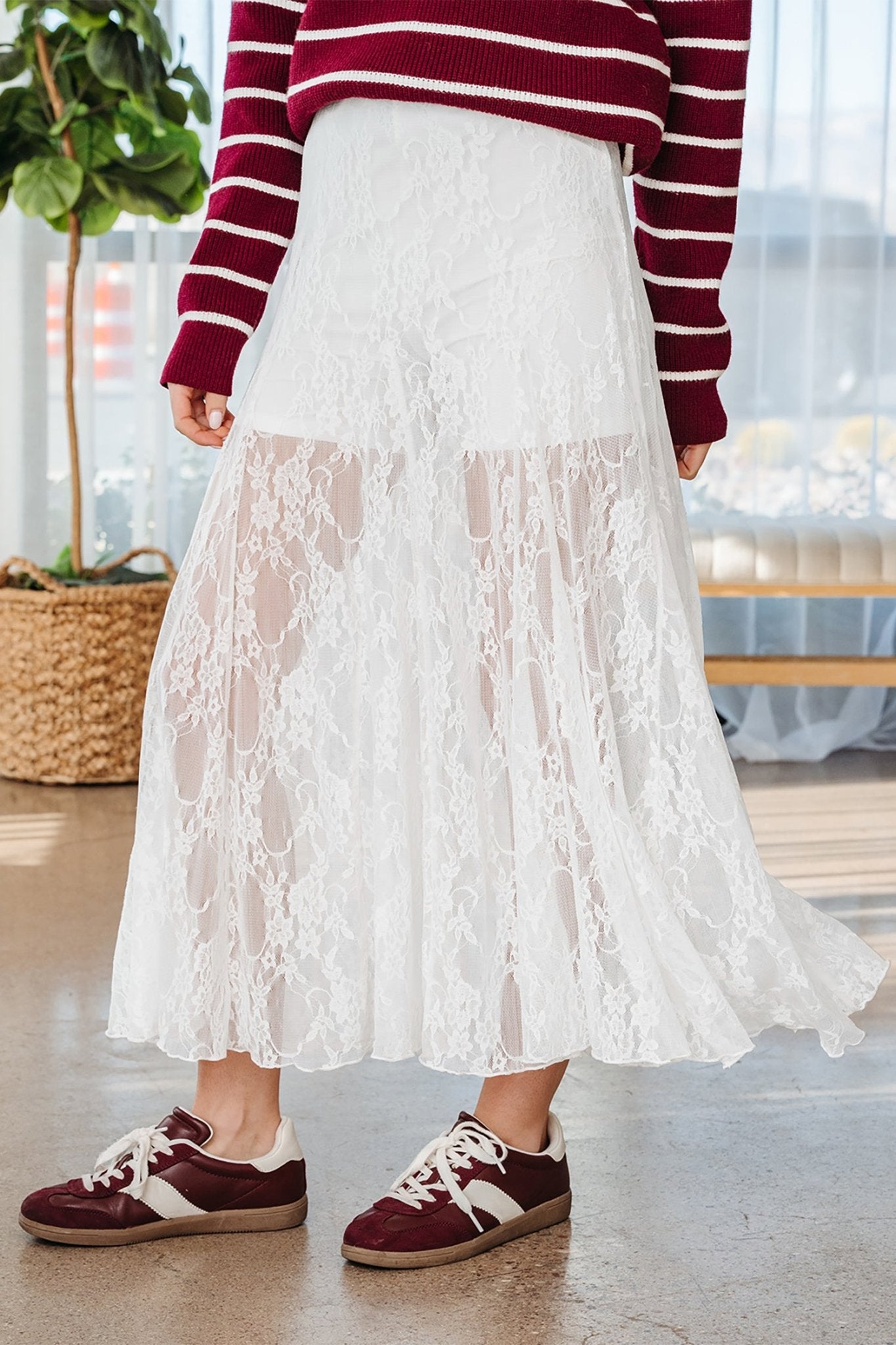 White Sheer Floral Lace Flowy Maxi Skirt - Crowned Energy CO.
