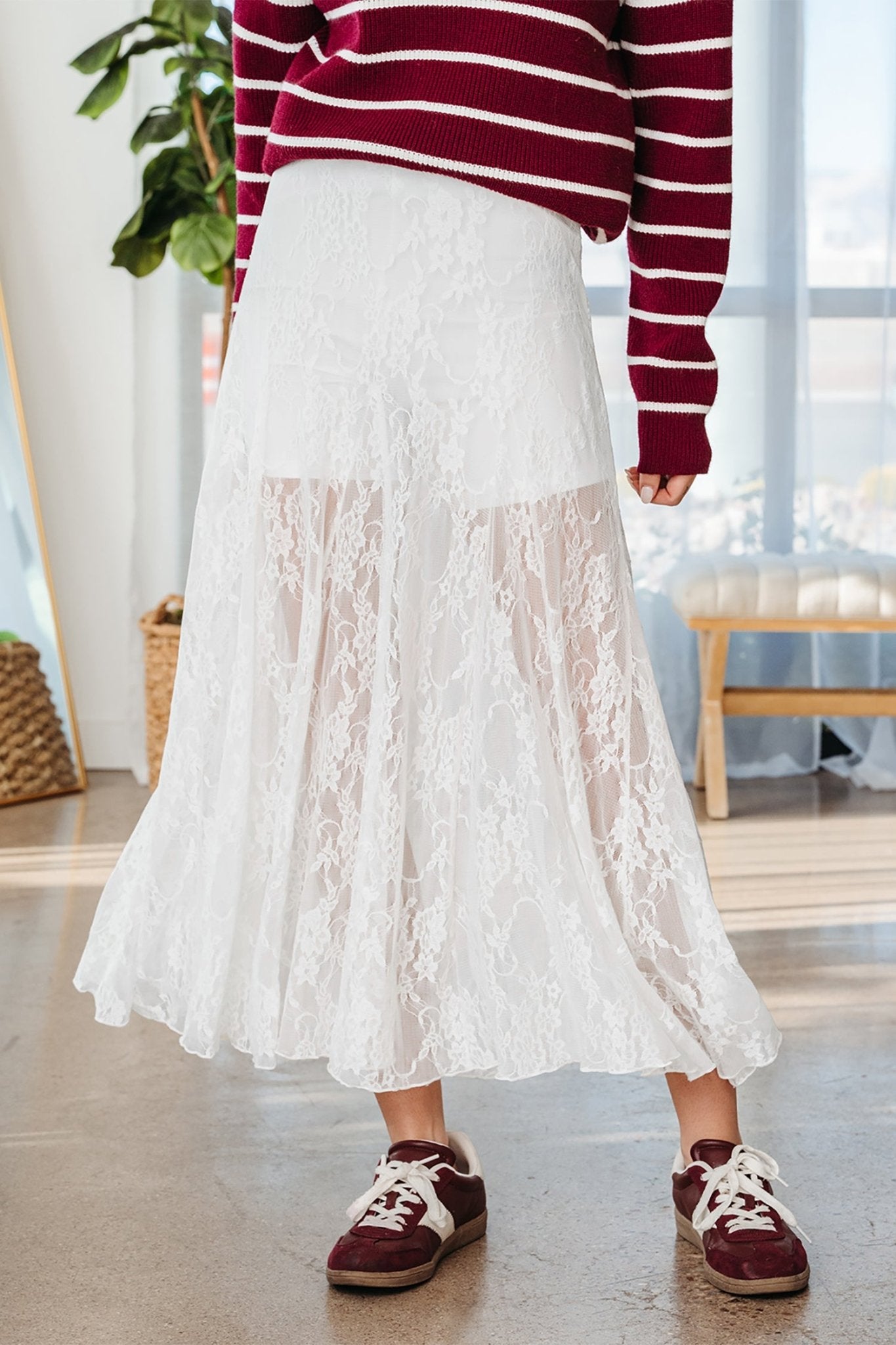 White Sheer Floral Lace Flowy Maxi Skirt - Crowned Energy CO.