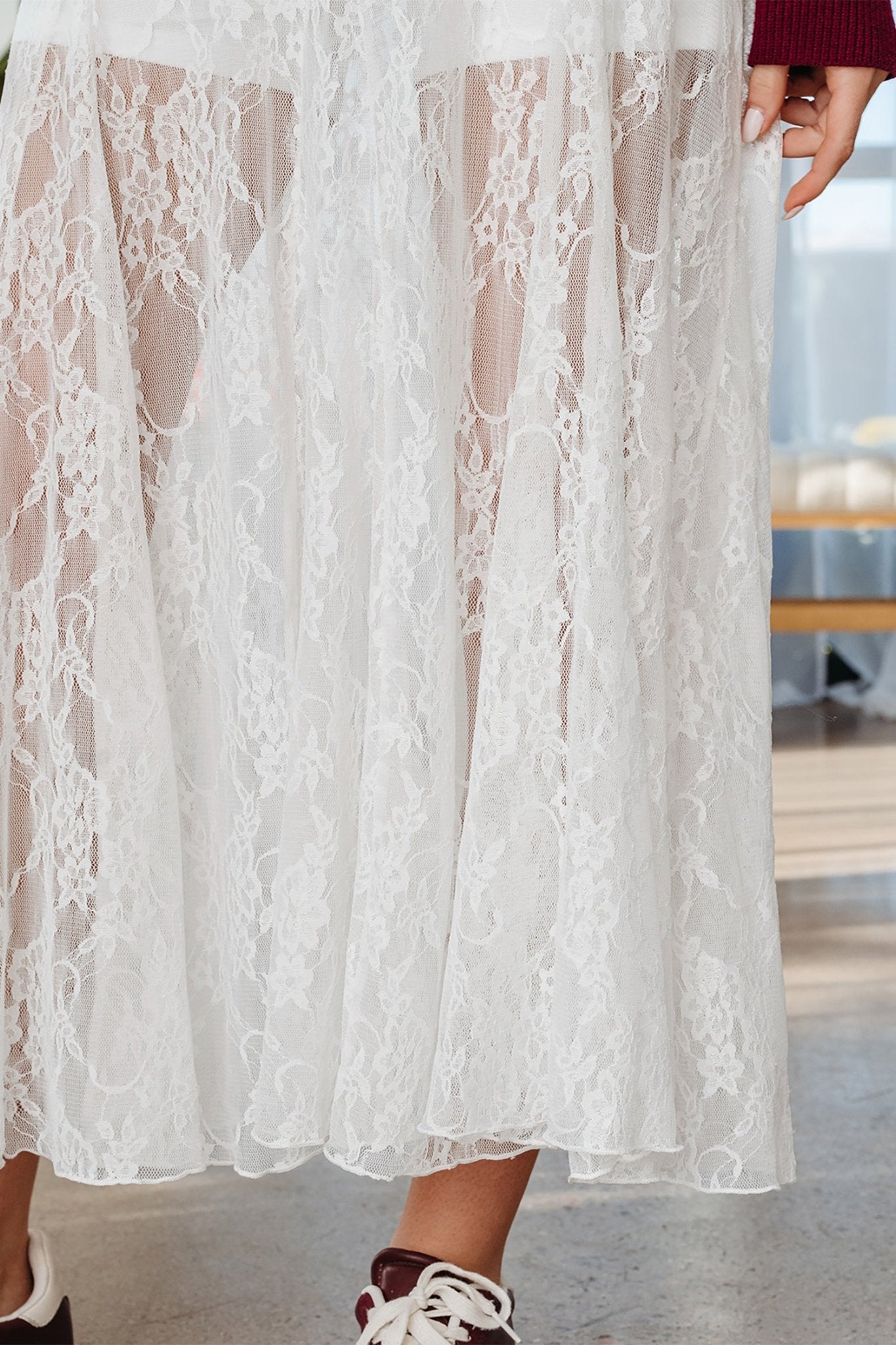 White Sheer Floral Lace Flowy Maxi Skirt - Crowned Energy CO.