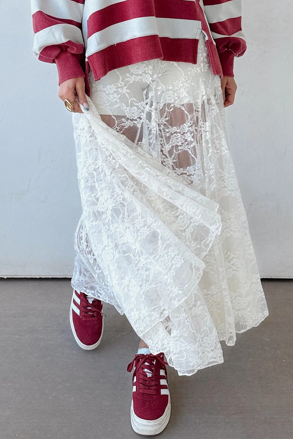 White Sheer Floral Lace Flowy Maxi Skirt - Crowned Energy CO.