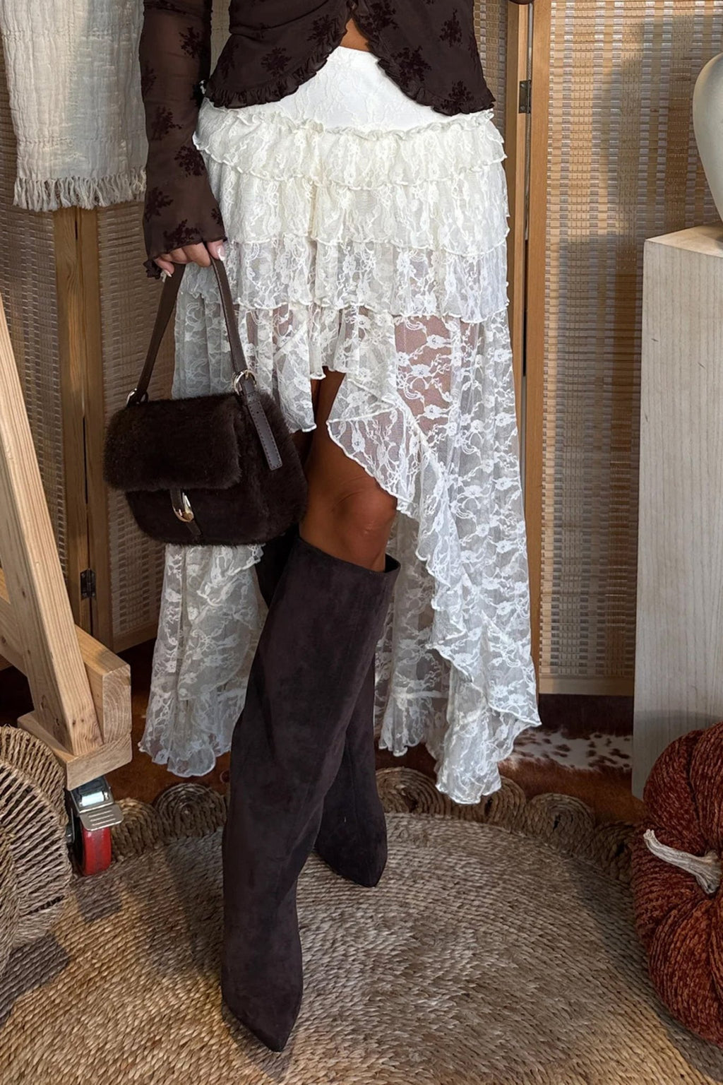 White Sheer Lace Frilly Ruffles High Low Long Skirt - Crowned Energy CO.