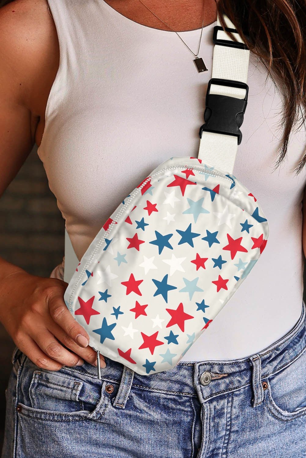 Crowned Energy CO. White / ONE SIZE / nylon Dear-Lover Dropshipping Shoes & Bags/Crossbody Bags White Star Printed Buckle Strap Flag Day Crossbody Bag