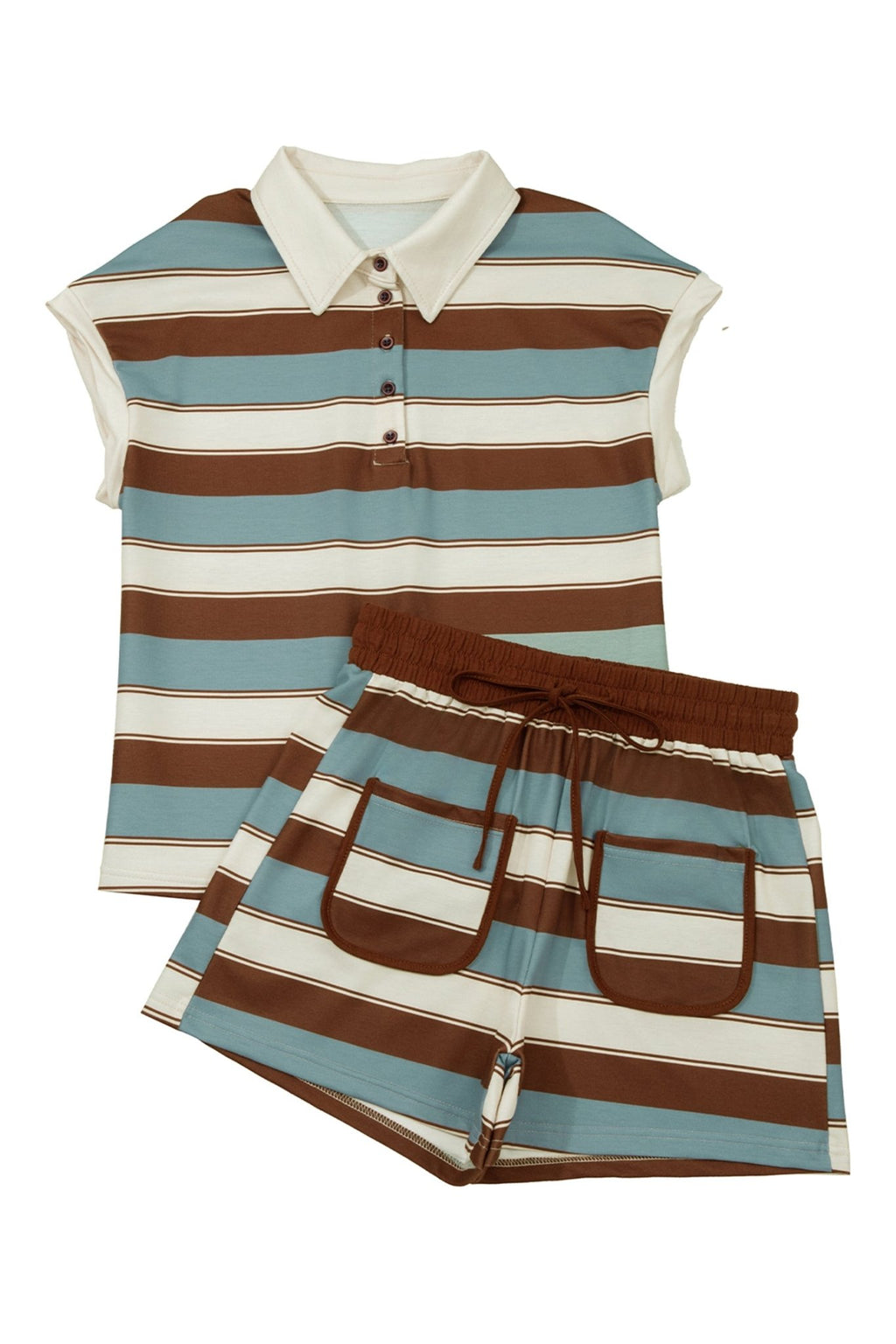 White Stripe Button Polo Collar Tee Drawstring Elastic Waist Patchwork 2pcs Short Set - Crowned Energy CO.