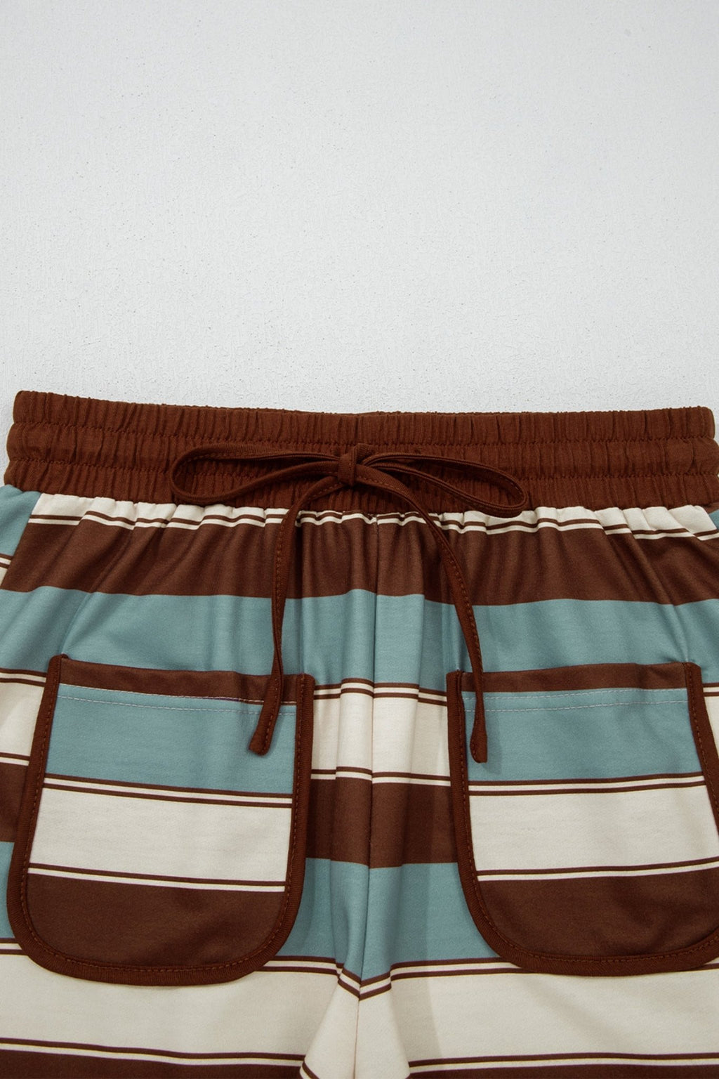 White Stripe Button Polo Collar Tee Drawstring Elastic Waist Patchwork 2pcs Short Set - Crowned Energy CO.