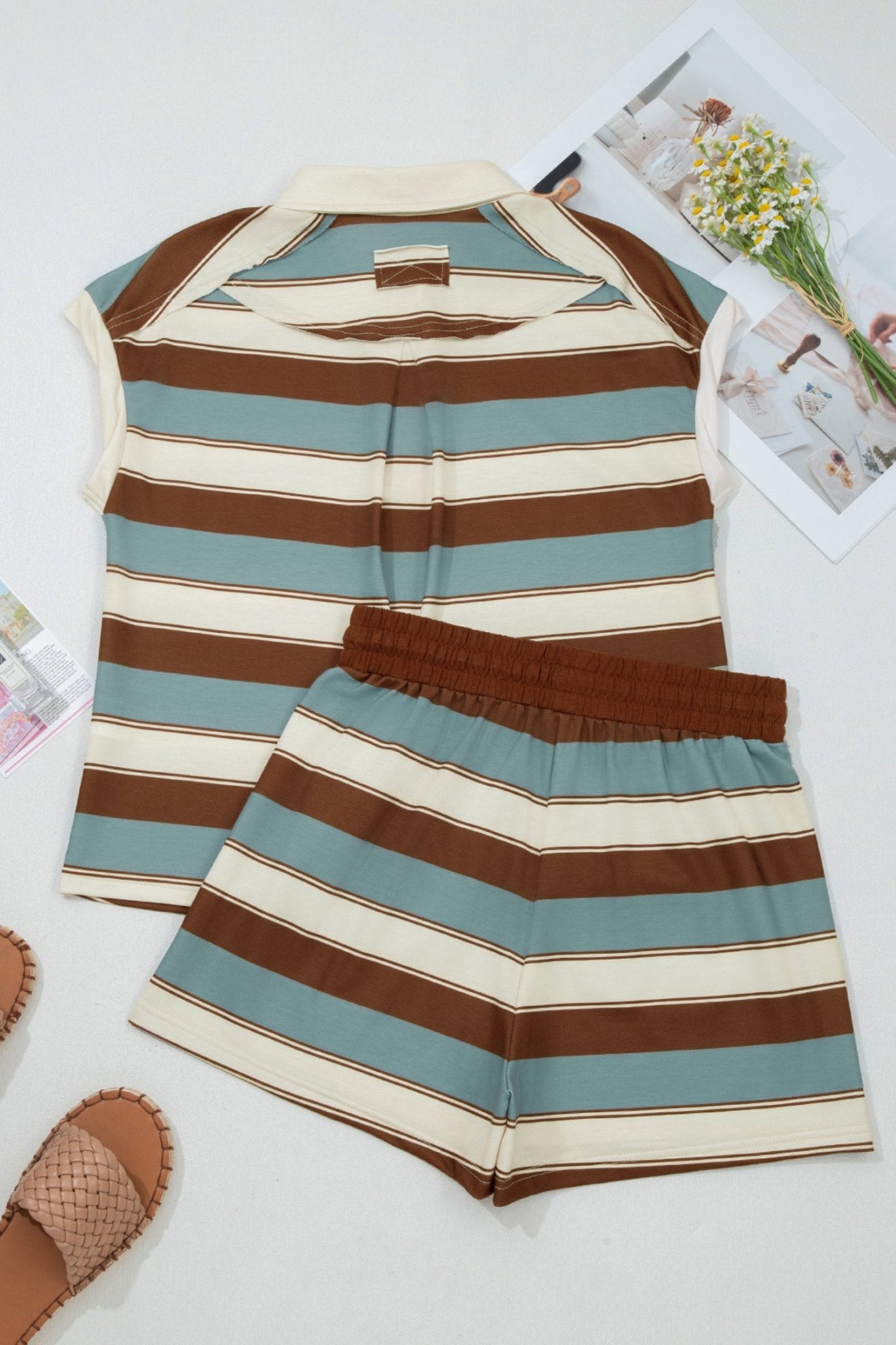 White Stripe Button Polo Collar Tee Drawstring Elastic Waist Patchwork 2pcs Short Set - Crowned Energy CO.