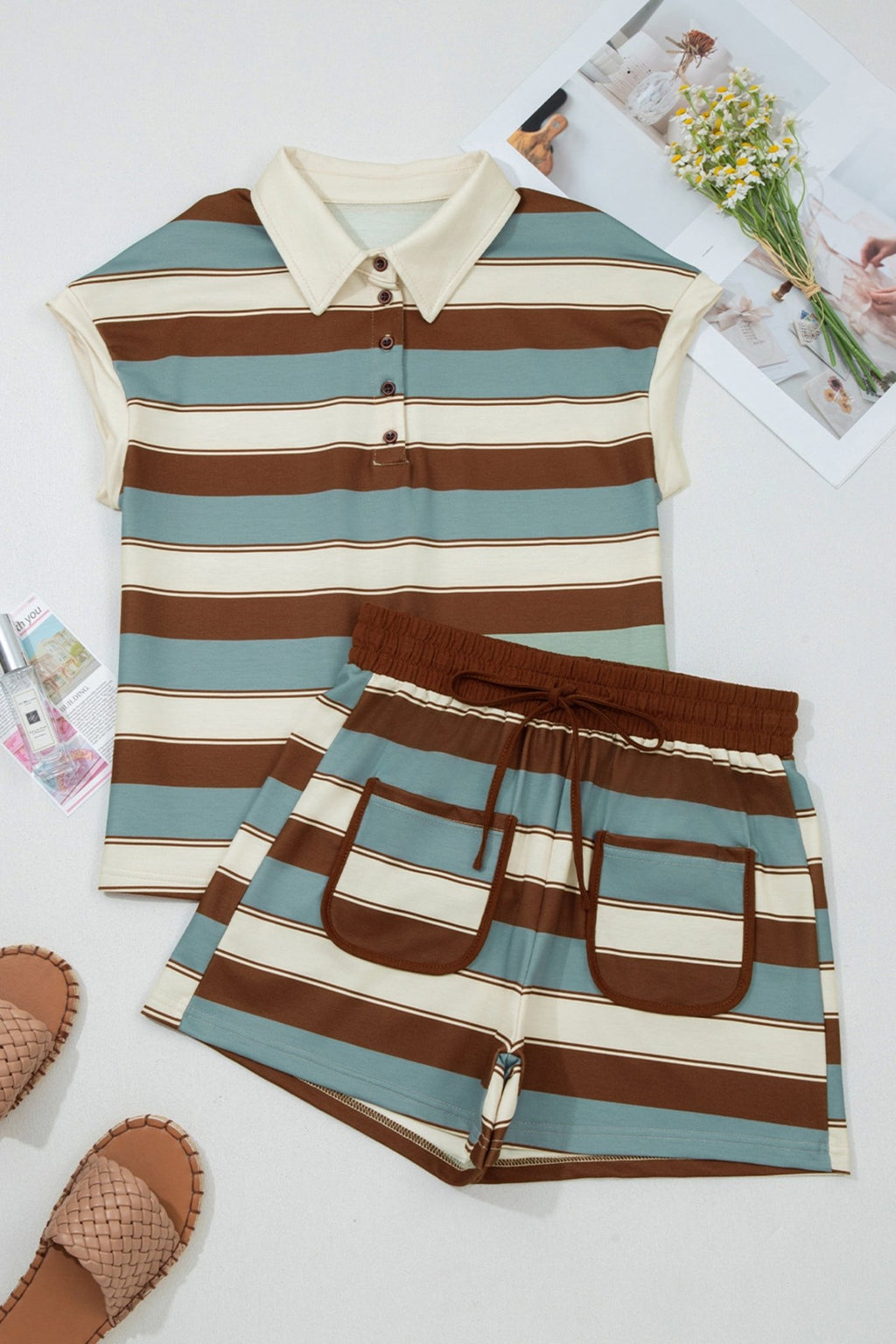 White Stripe Button Polo Collar Tee Drawstring Elastic Waist Patchwork 2pcs Short Set - Crowned Energy CO.