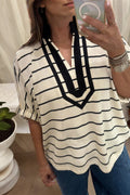 White Stripe Stand Collar V Neck Elastic Cuffs Half Sleeve Dolman Top - Crowned Energy CO.