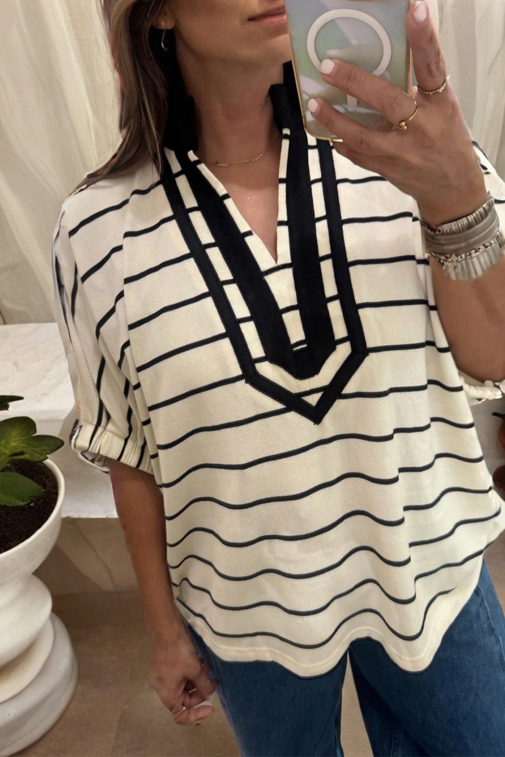 White Stripe Stand Collar V Neck Elastic Cuffs Half Sleeve Dolman Top - Crowned Energy CO.