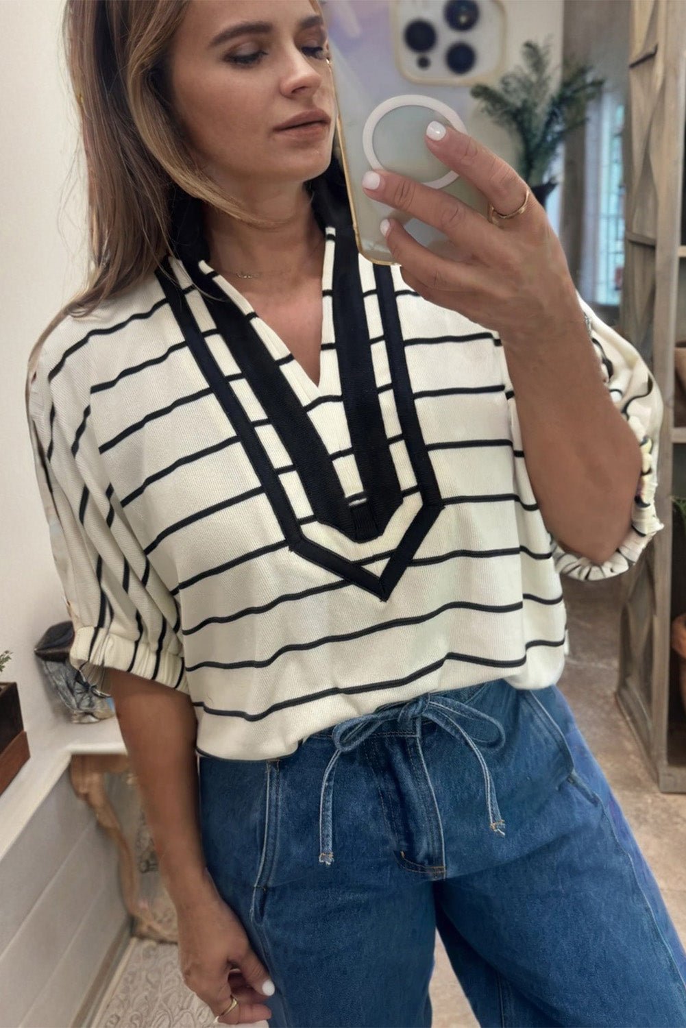 White Stripe Stand Collar V Neck Elastic Cuffs Half Sleeve Dolman Top - Crowned Energy CO.