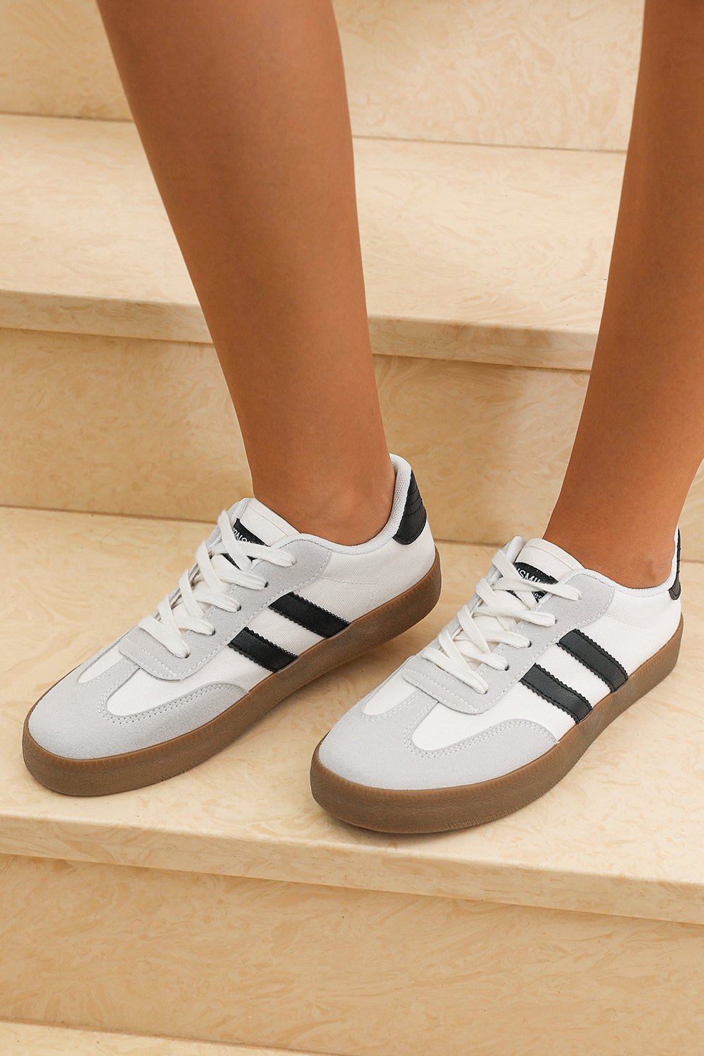 White Striped Lace - up Flat Sneakers - Crowned Energy CO.