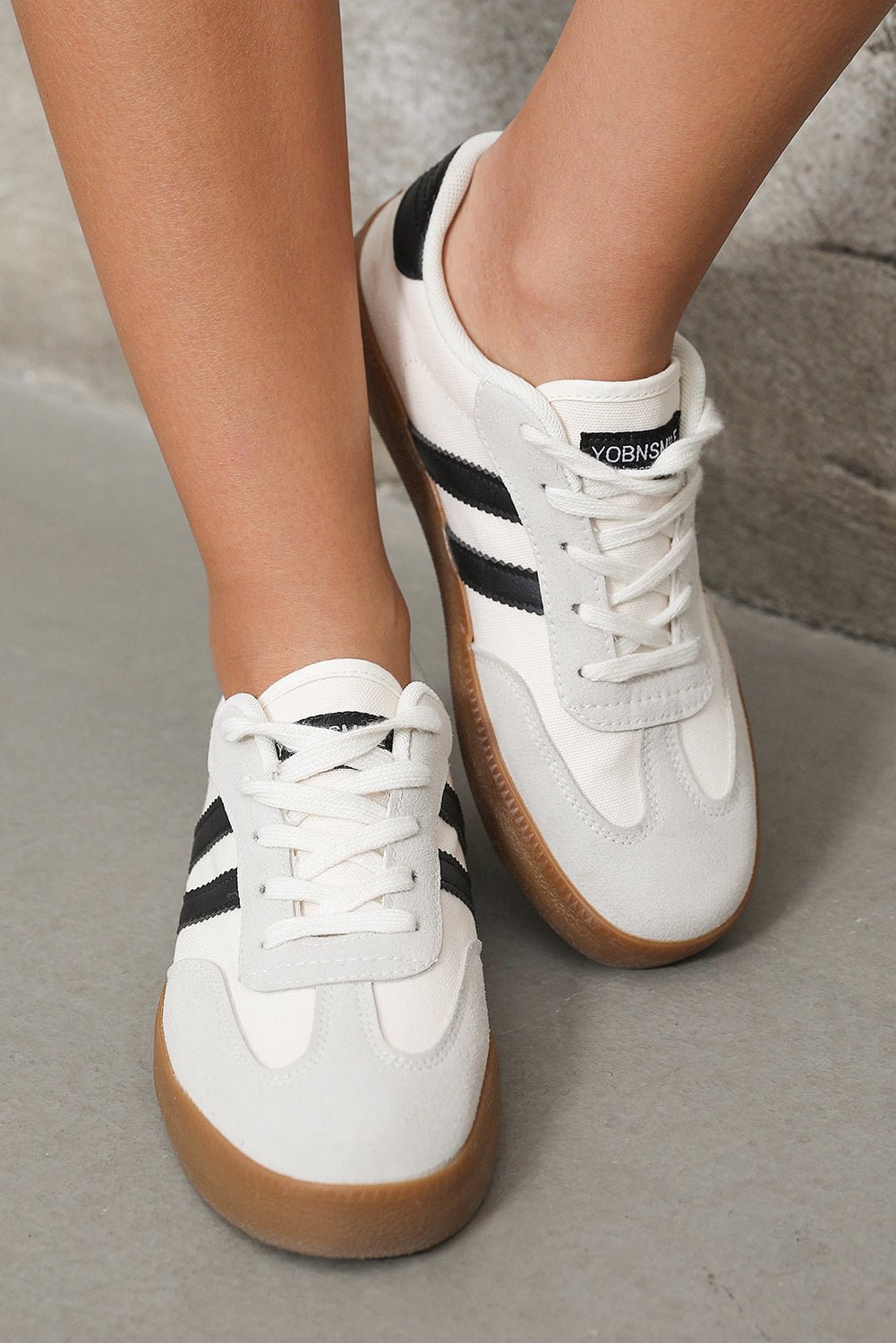 White Striped Lace - up Flat Sneakers - Crowned Energy CO.
