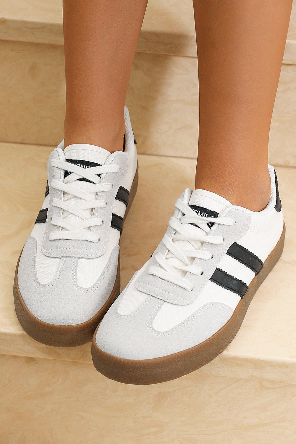 White Striped Lace - up Flat Sneakers - Crowned Energy CO.