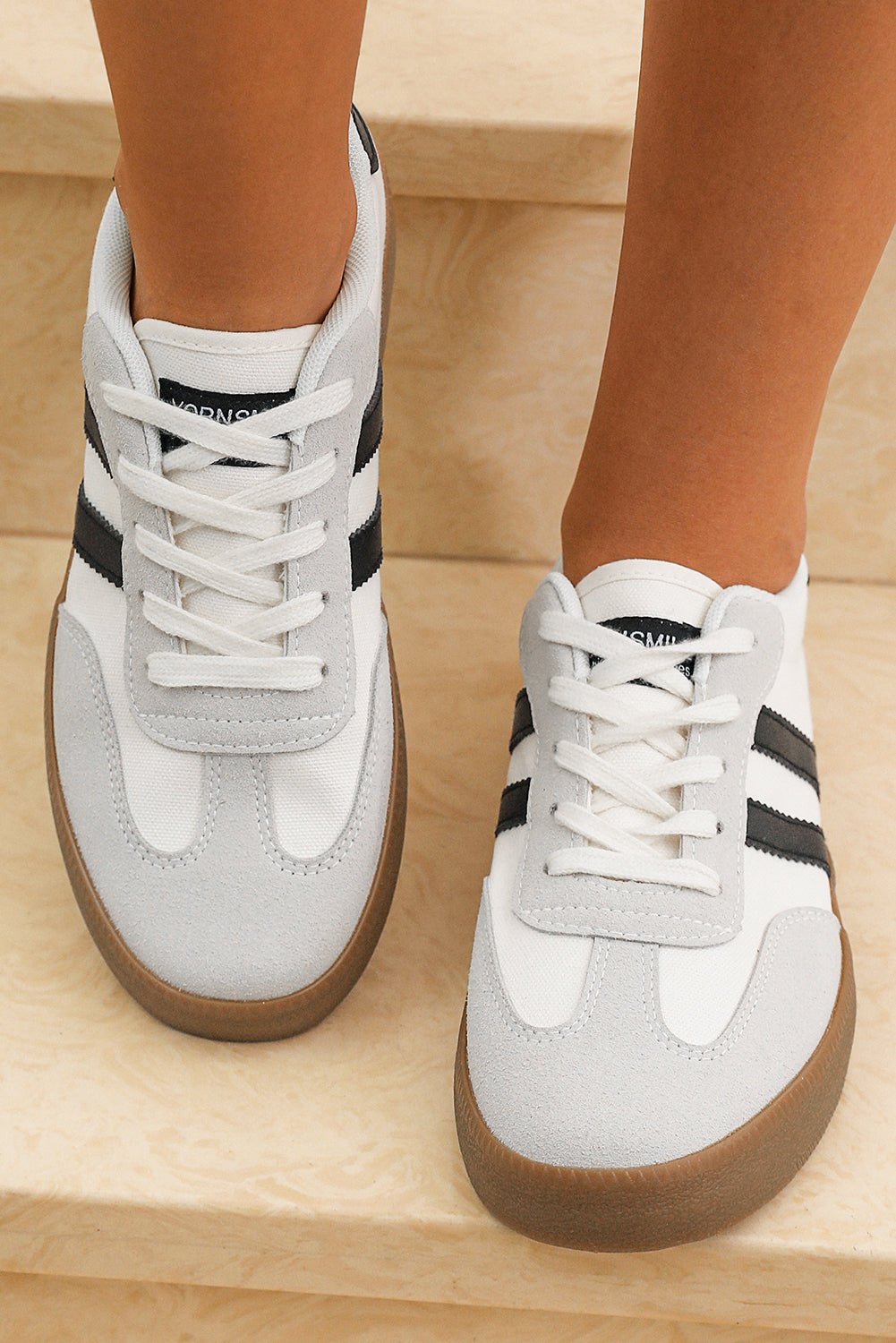 White Striped Lace - up Flat Sneakers - Crowned Energy CO.