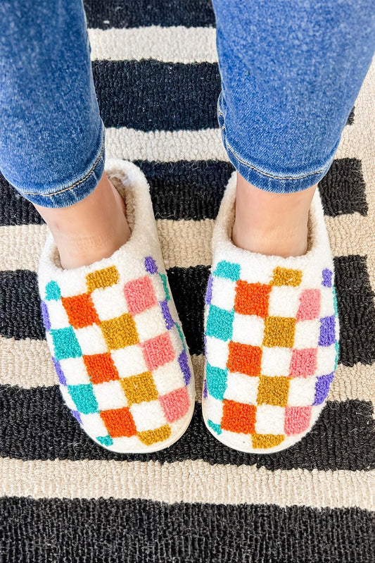 Crowned Energy CO. White / 37 Dear-Lover Dropshipping Shoes & Bags/Slippers White Vibrant Checkered Plush Thermal Slippers