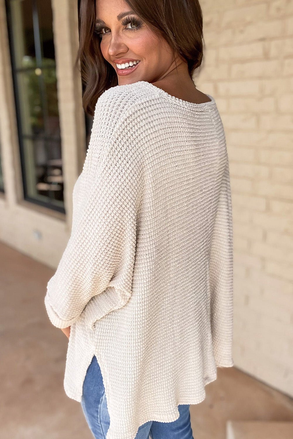 Crowned Energy CO. White / S / 65%Polyester+30%Viscose+5%Elastane Dear-Lover Dropshipping Tops/Long Sleeve Tops White Waffle Knit Side Slits Loose Fit V Neck Top